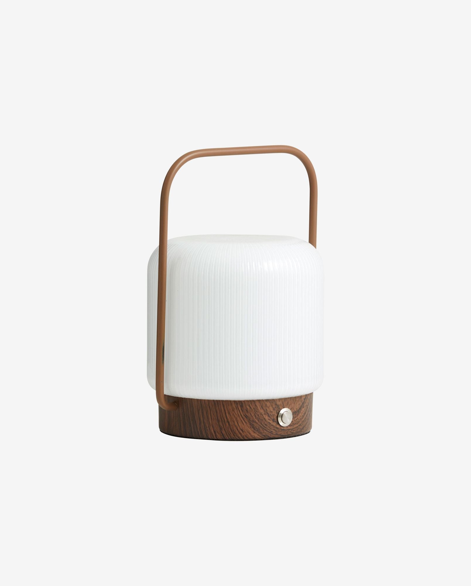 Modern portable table lamp with ribbed white glass shade, wood base, and brown handle
