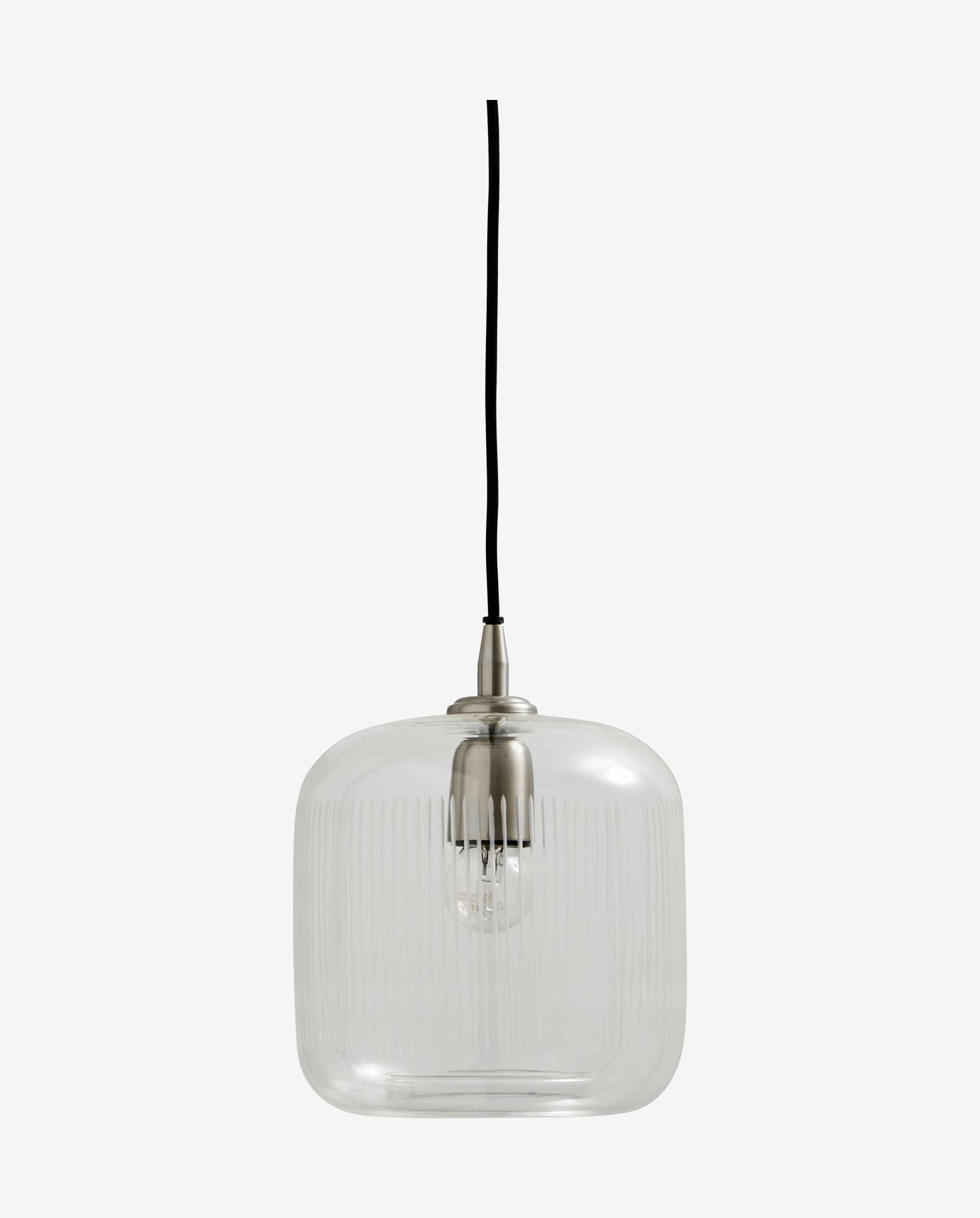 Modern clear glass pendant light with ribbed texture, metal holder, and black cord