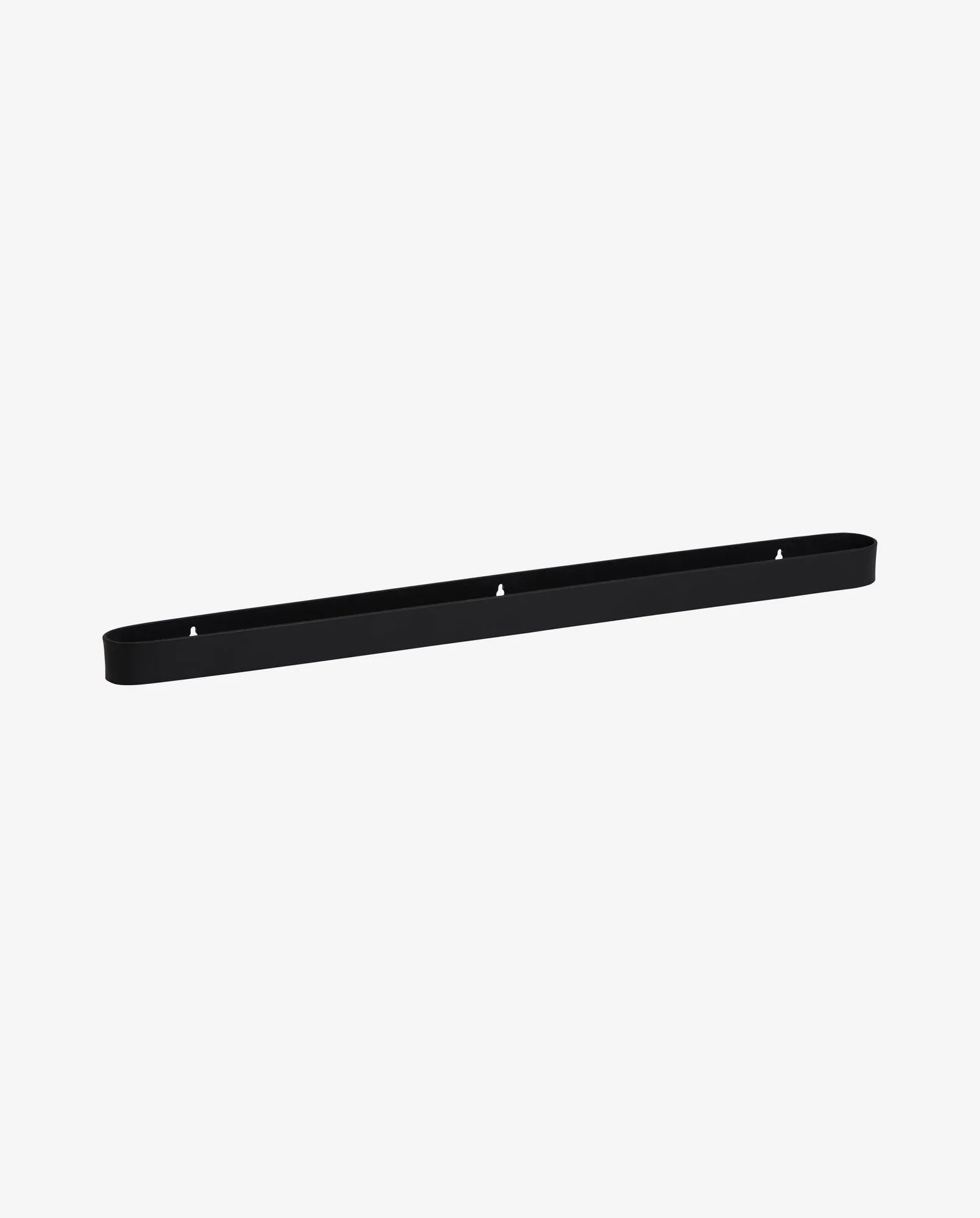 Long slim black metal wall-mounted shelf bracket with three mounting holes