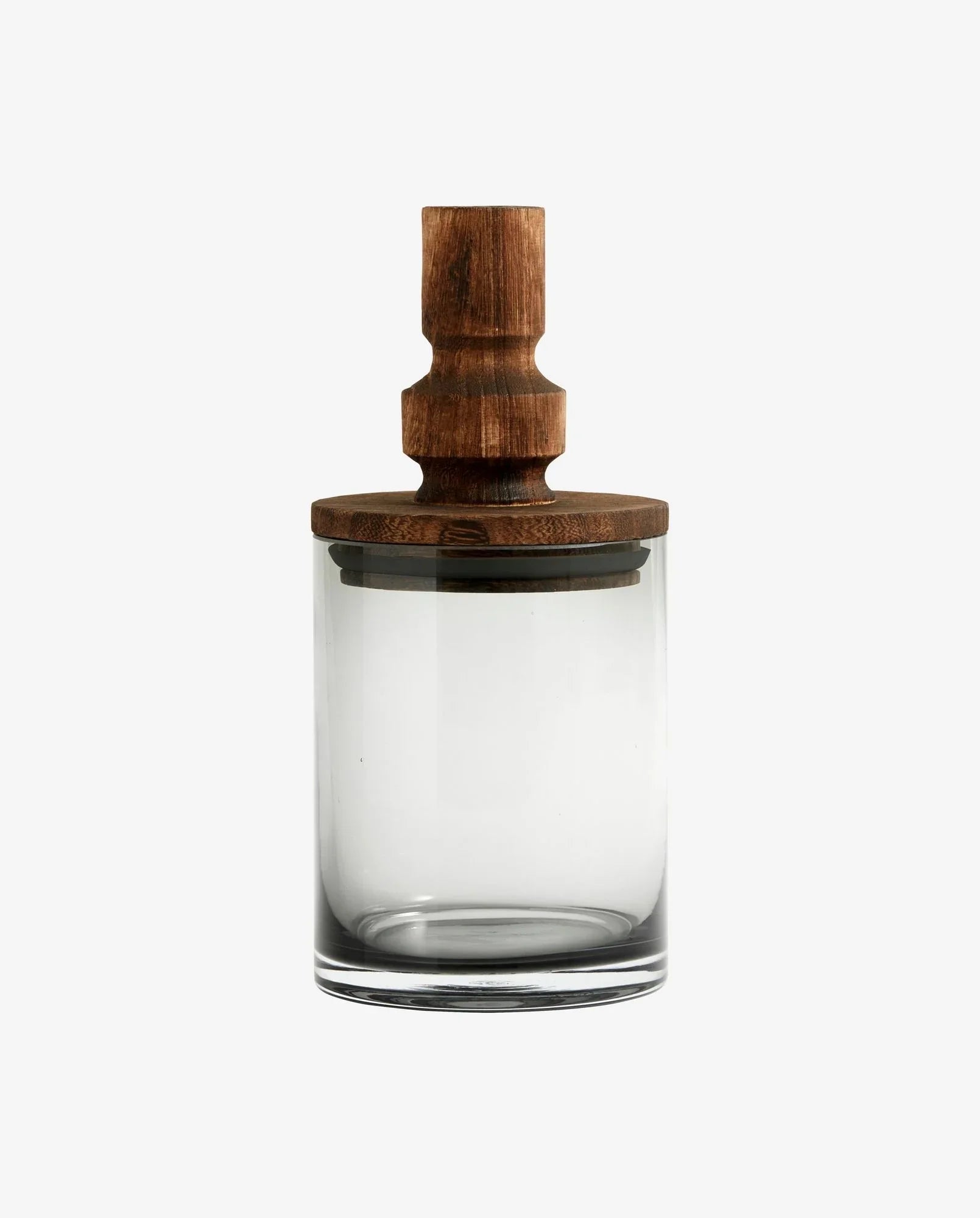 Clear glass jar with a dark wooden lid and knob on a white background