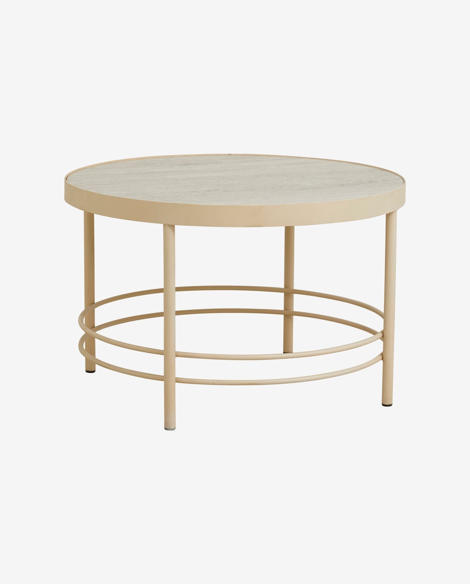 Beige round coffee table with metal frame and light wood top on white background