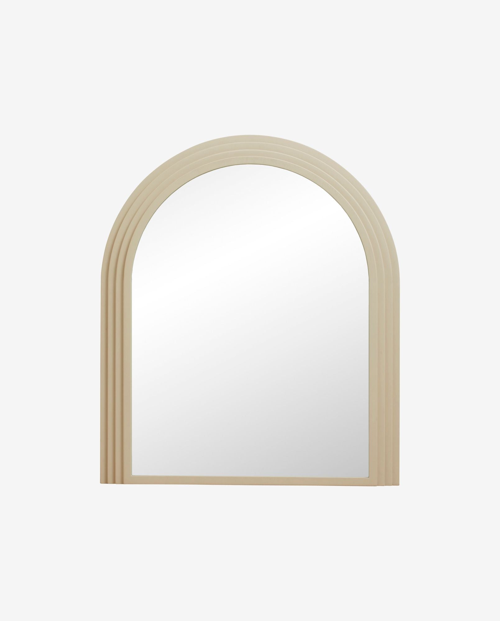 Beige arch-shaped wall mirror with layered frame, modern home decor
