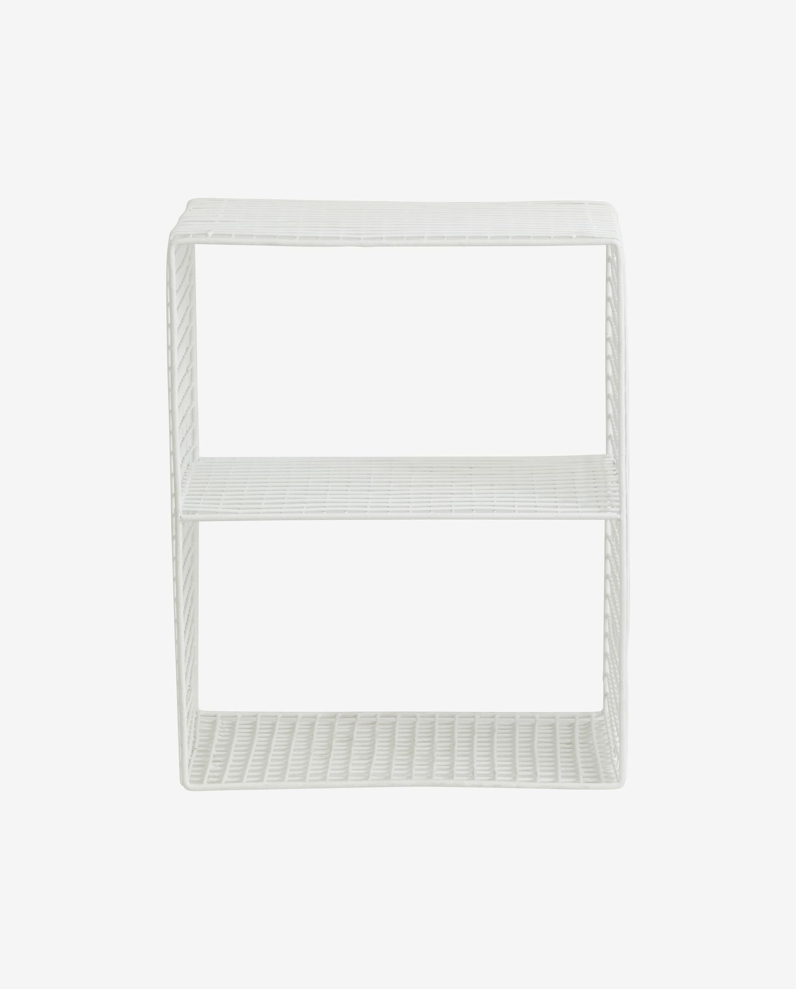 White woven rattan open shelf unit with two shelves and a rectangular shape on white background
