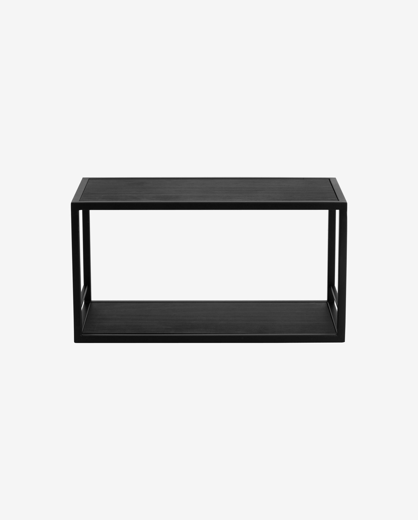 Minimalist black rectangular shelving unit with open design and two-tier shelves