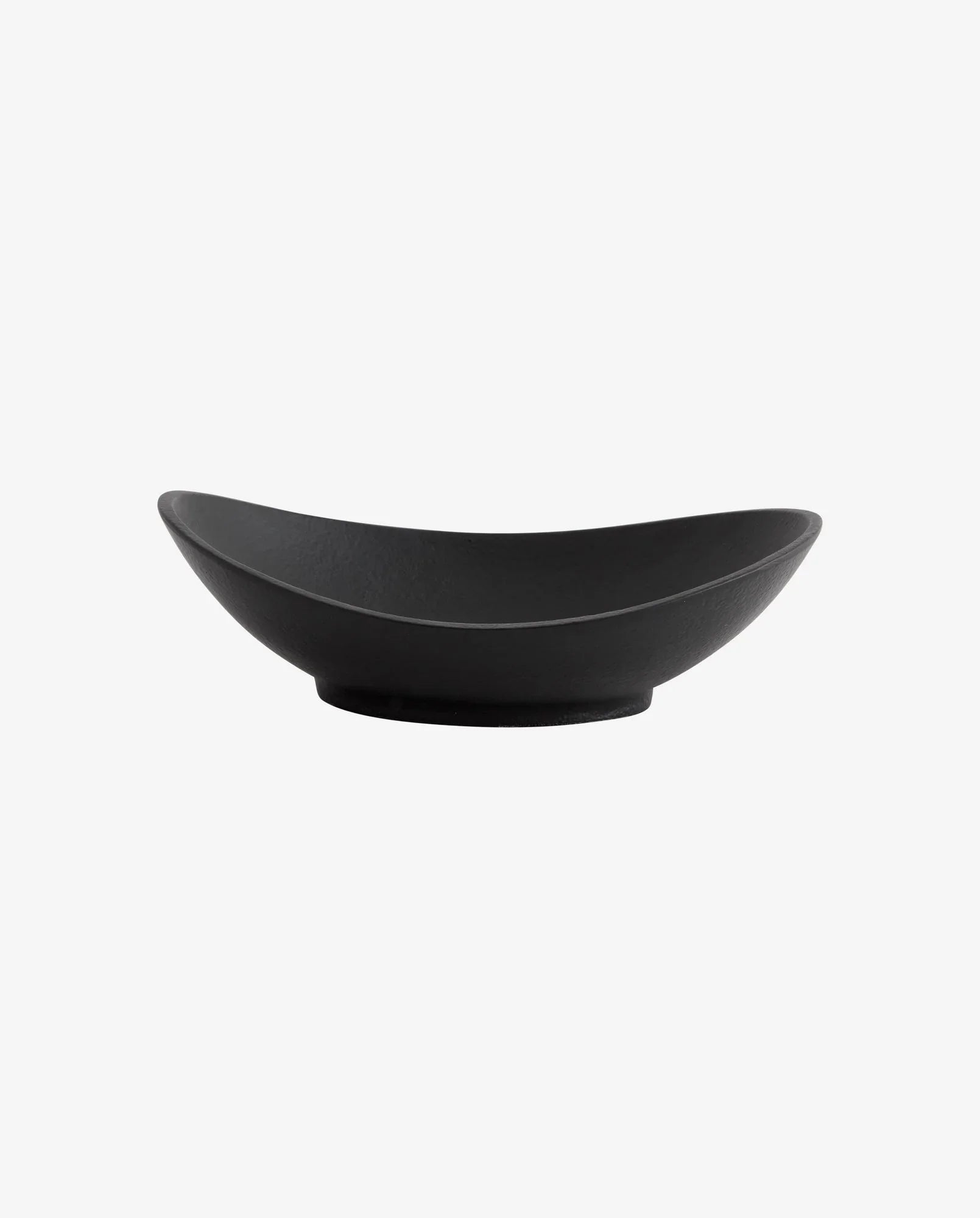 Black modern oval ceramic bowl with smooth curved edges on white background