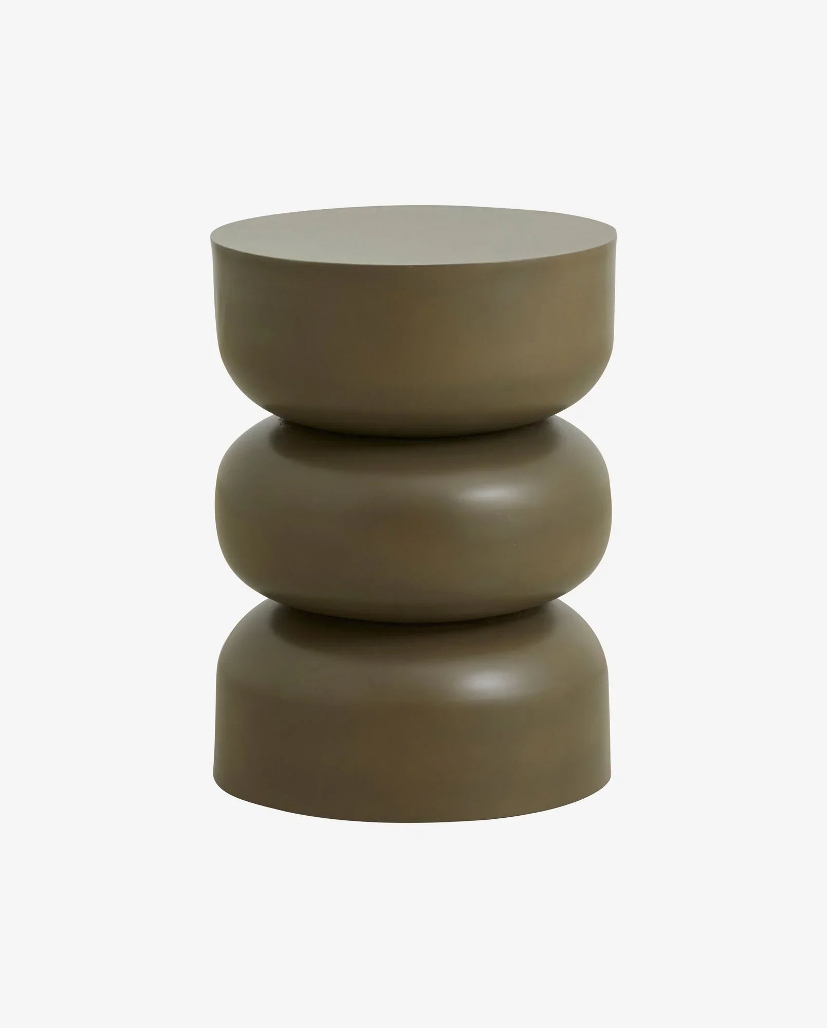 Modern olive green sculptural side table with rounded tiered design on white background
