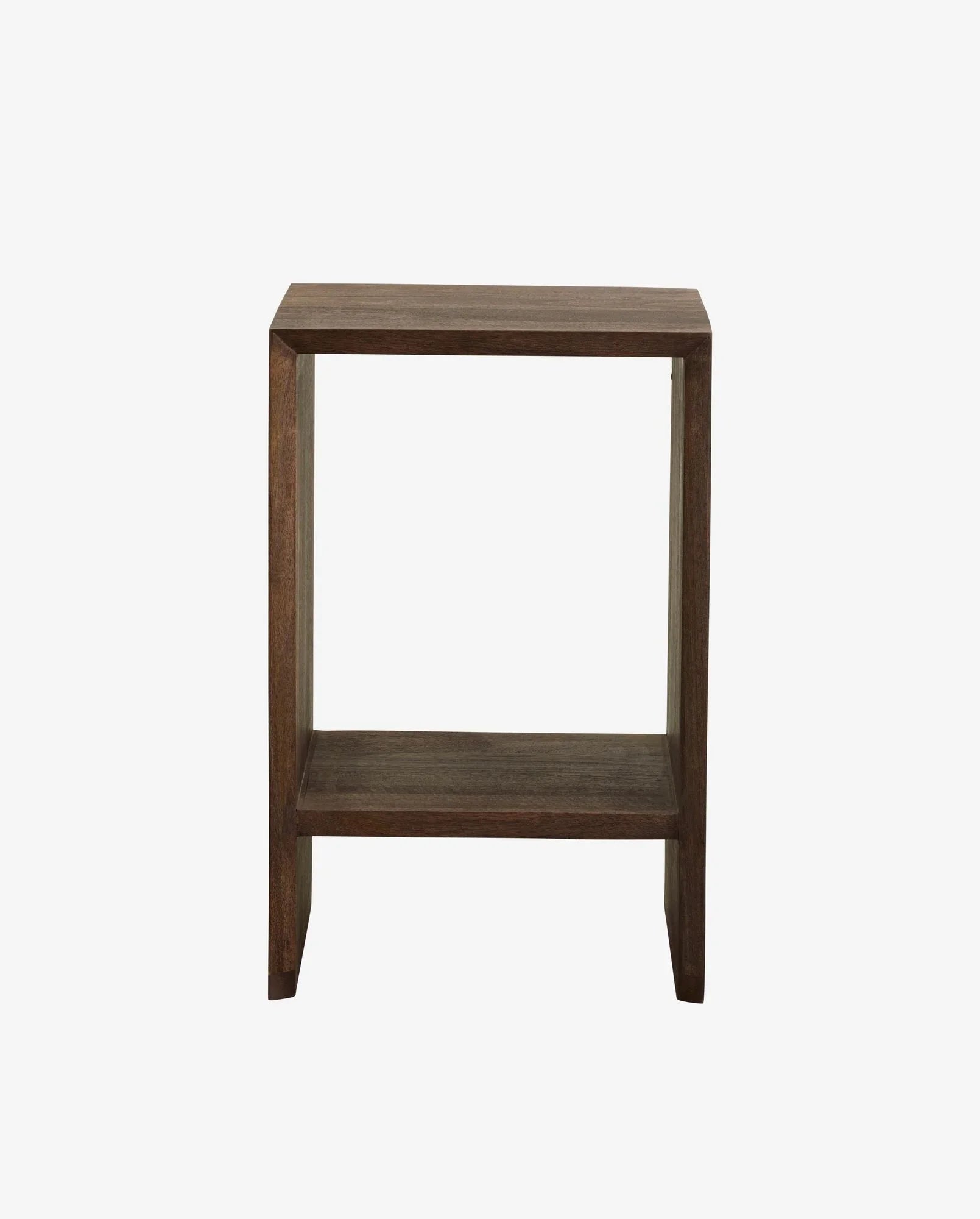 Simple wooden side table with open shelf, dark brown finish, minimalist design