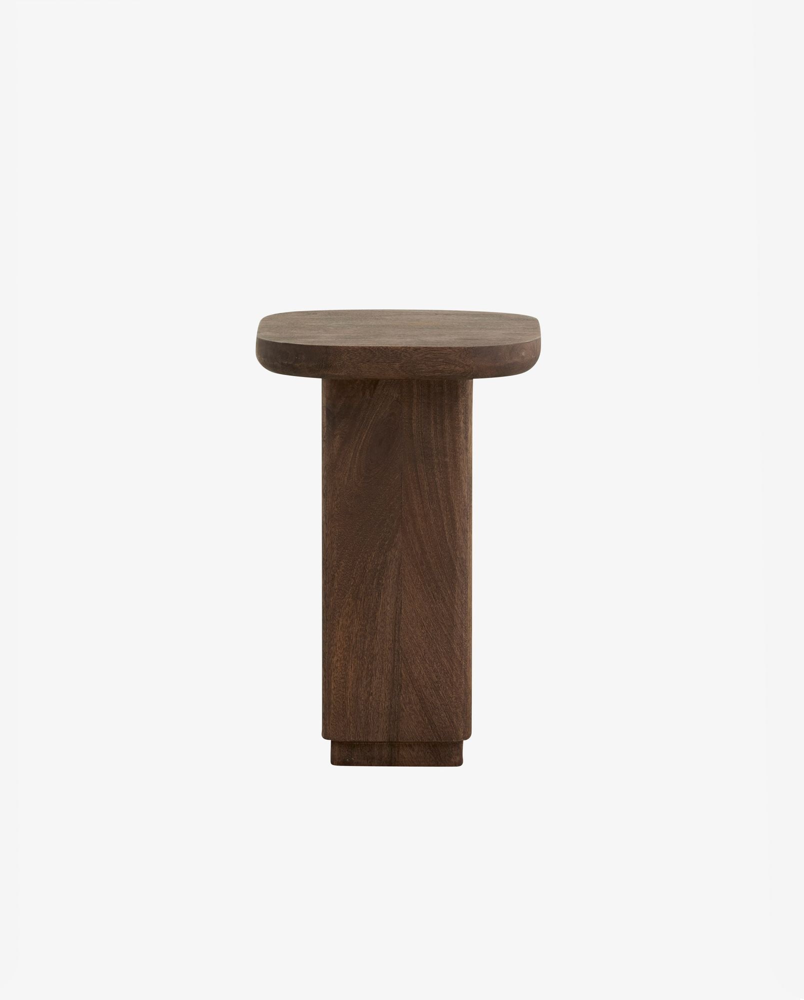 Modern dark wooden side table with rounded rectangular top and solid base on white background