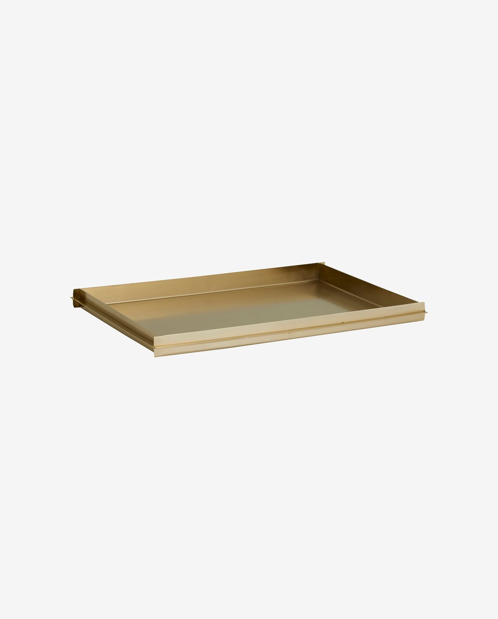 gold metal rectangular serving tray with raised edges on white background