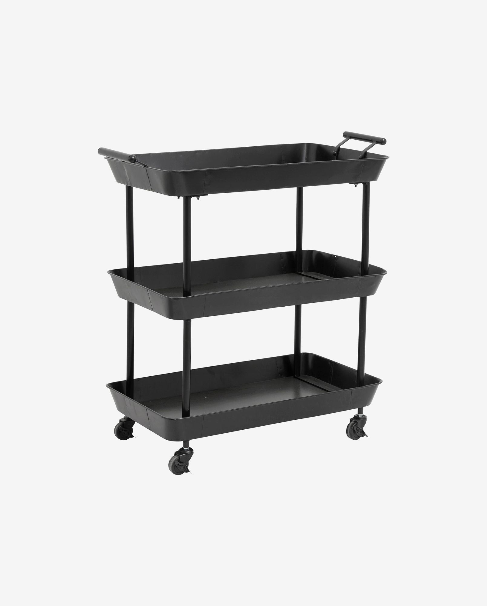 Black metal three-tier utility cart with handles and locking caster wheels for storage