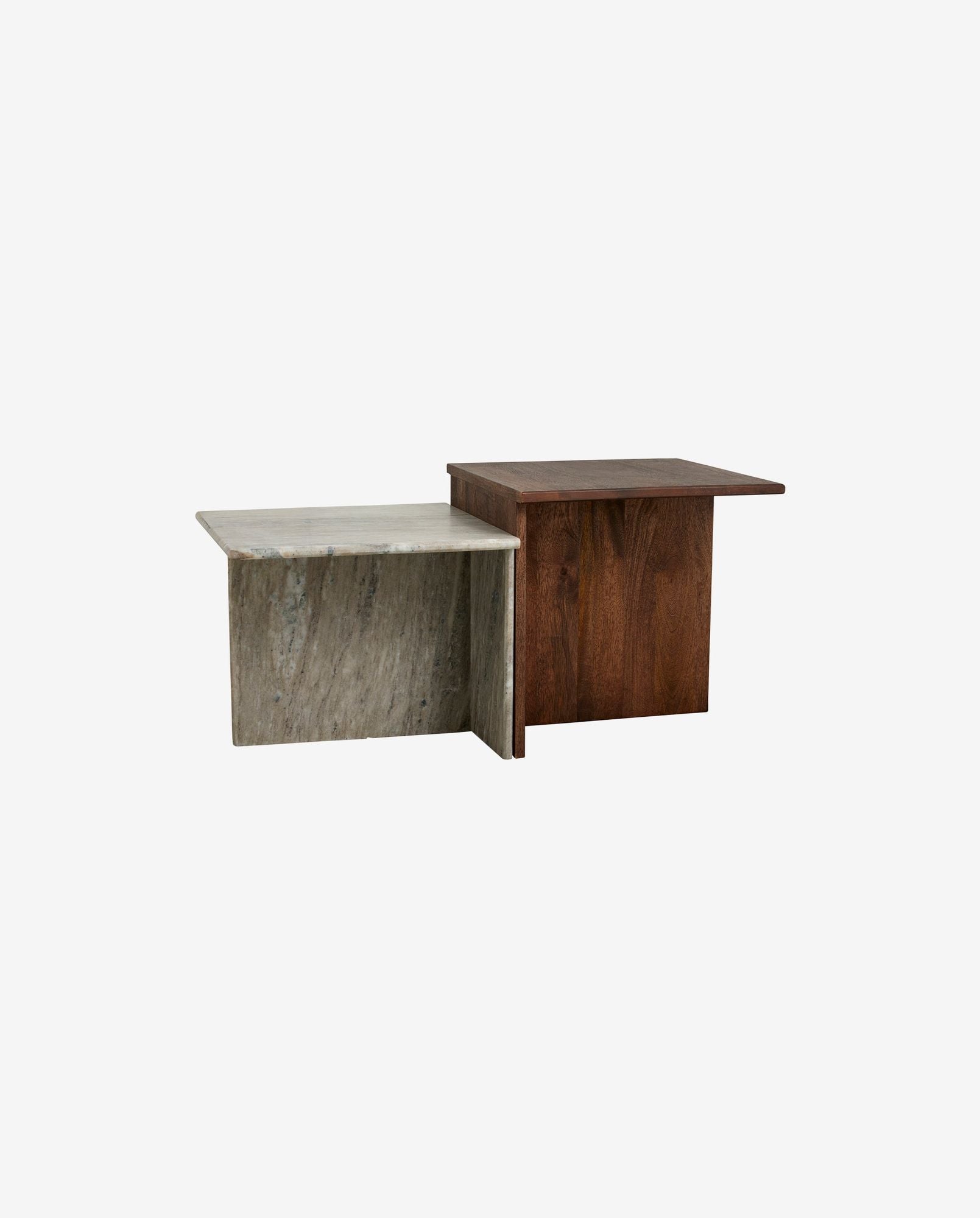 Modern nested coffee tables with light gray marble and dark wood finishes on white background