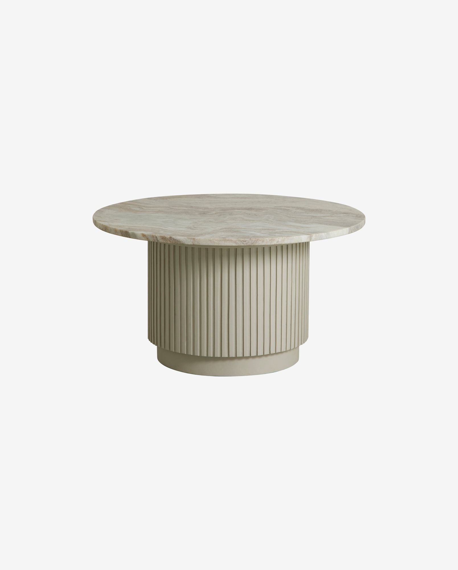 Modern round marble top coffee table with ribbed cylindrical beige base
