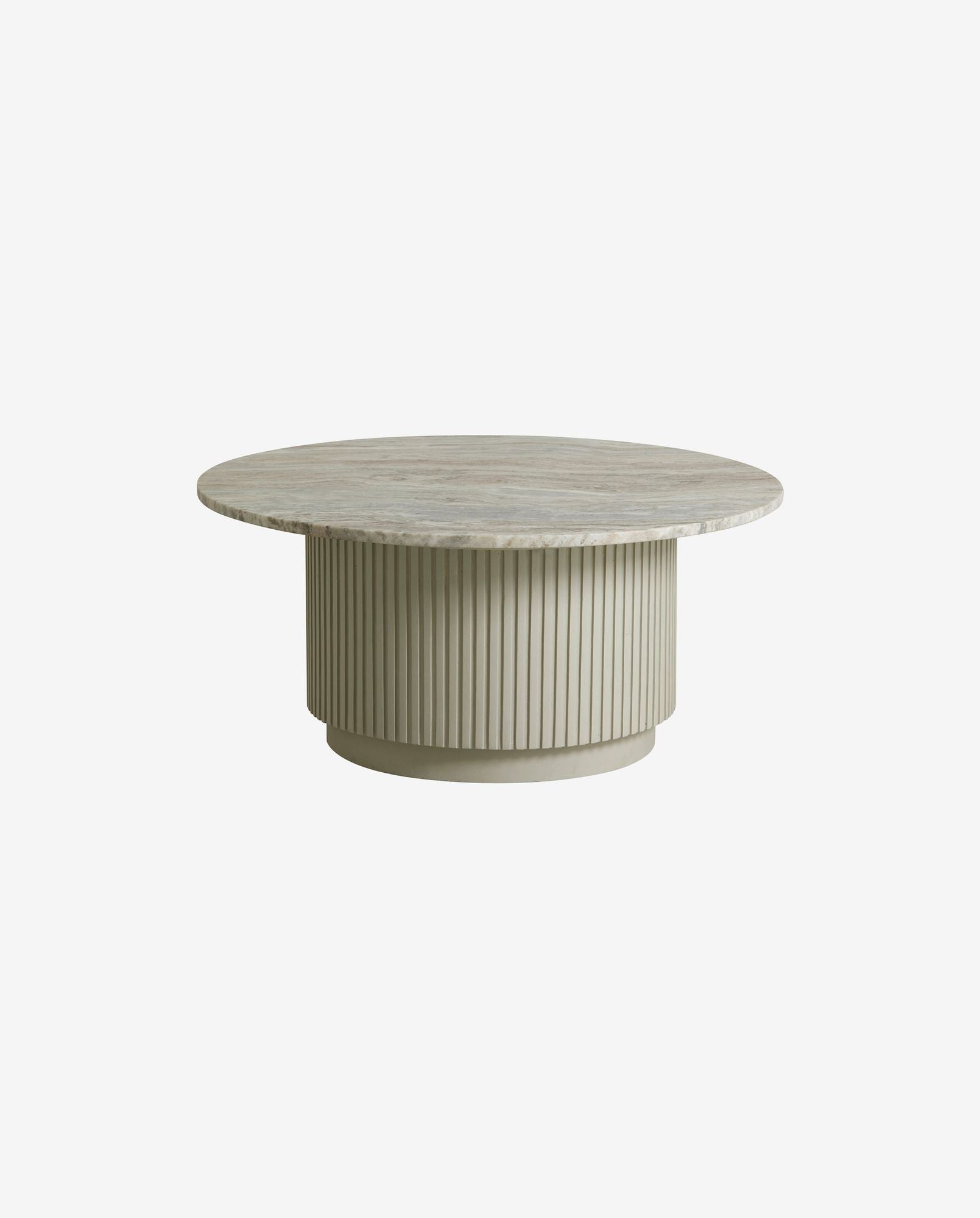 Round coffee table with a beige ribbed cylindrical base and a light marble top