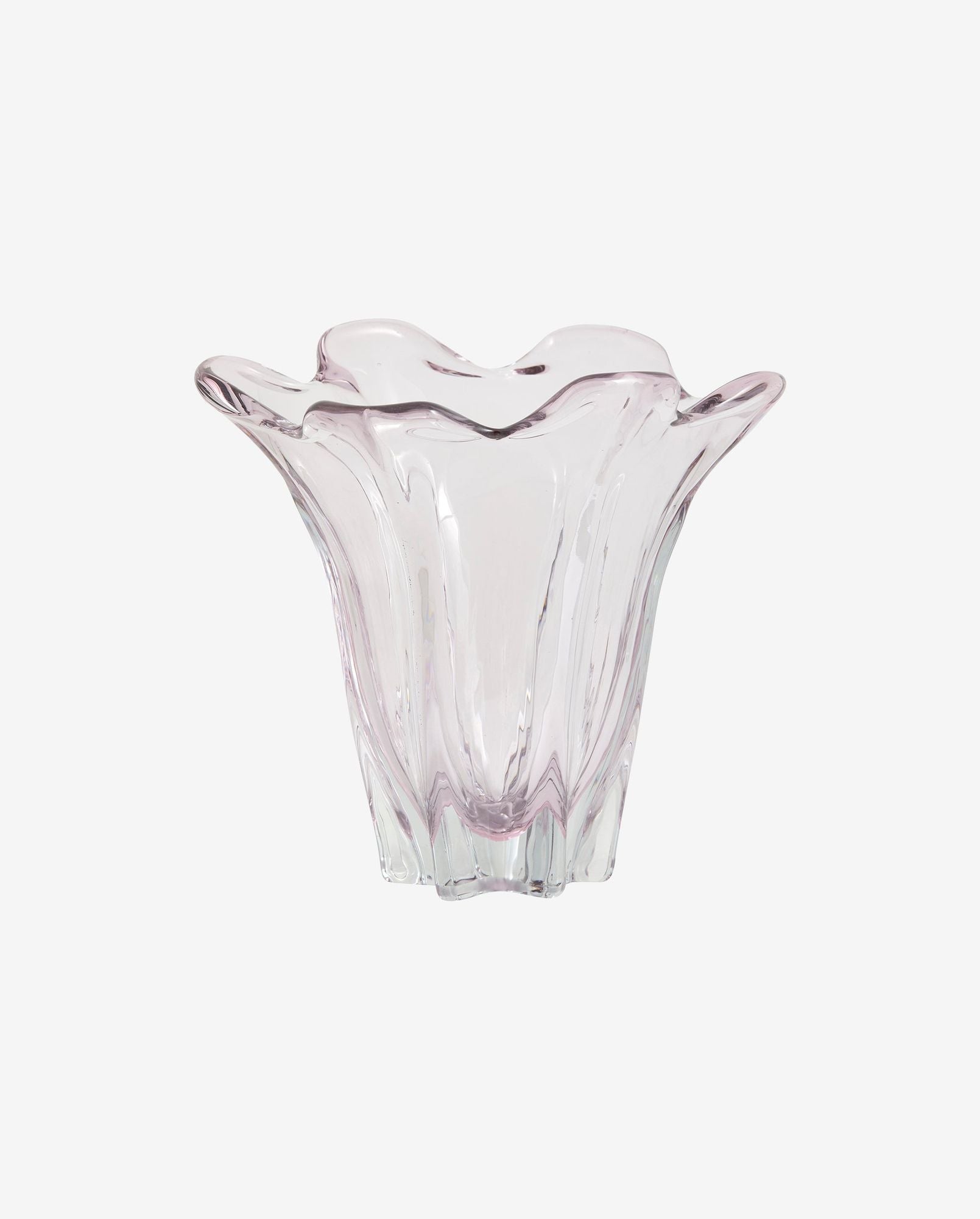 Transparent wavy glass vase with pink tint and flared edges on white background