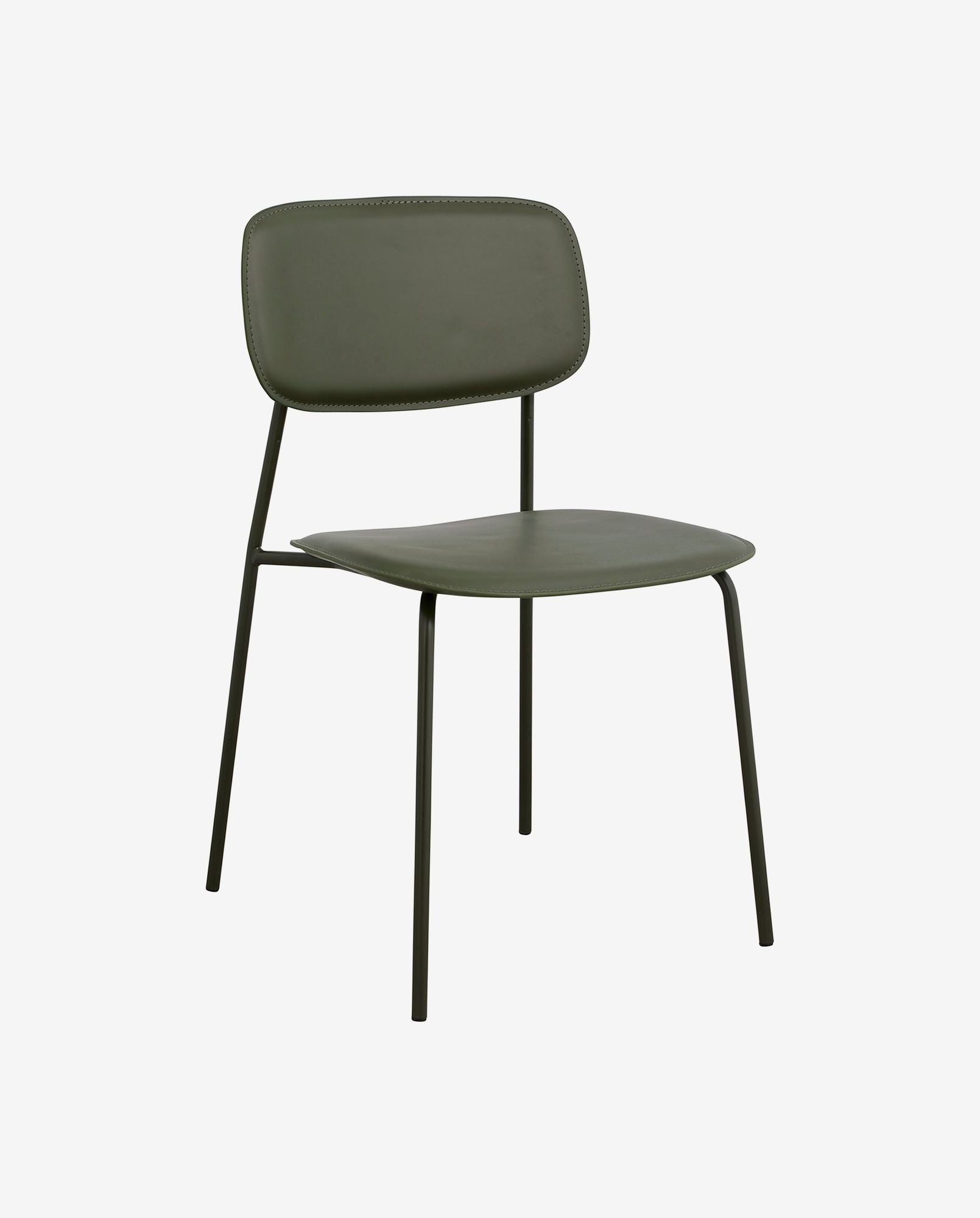 Minimalist olive green chair with padded seat and backrest on metal legs