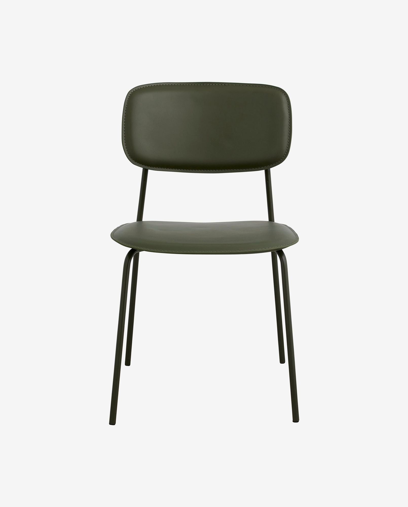 Modern olive green metal chair with padded backrest and seat on white background