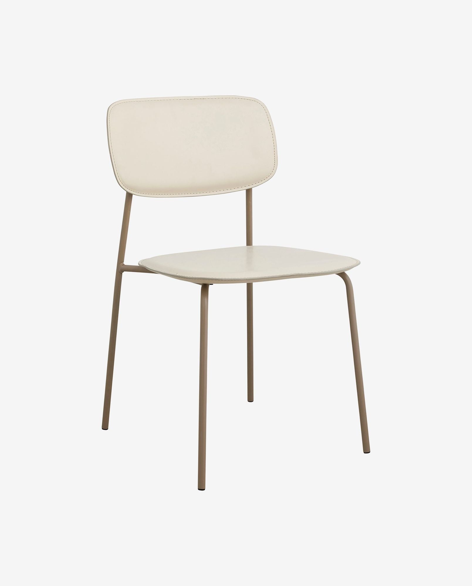 Modern beige chair with padded seat and backrest, slender light brown metal legs