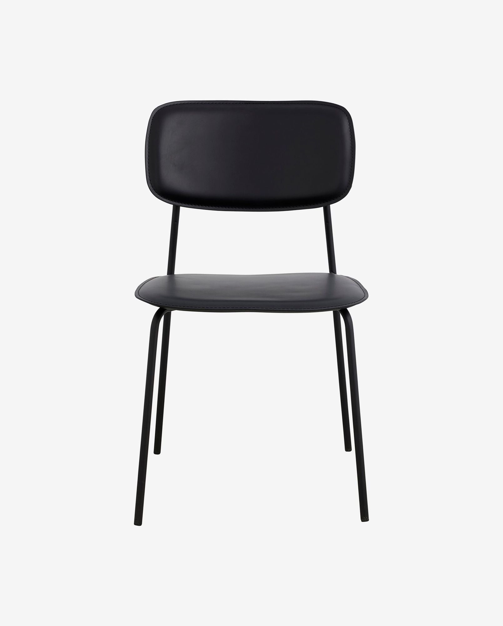 Minimalist black metal chair with smooth padded seat and backrest on white background