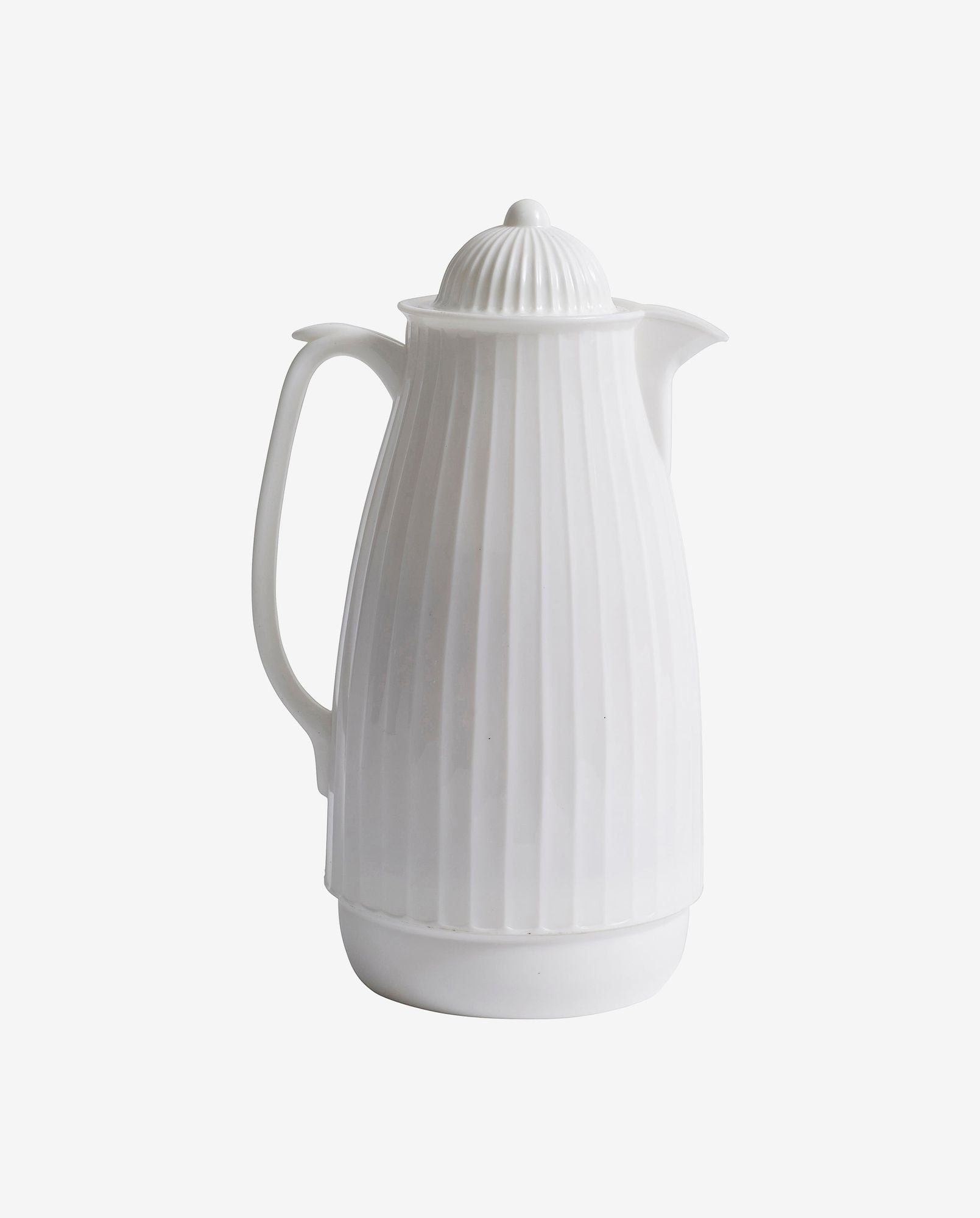 White ceramic vacuum insulated coffee pot with ribbed design and curved handle