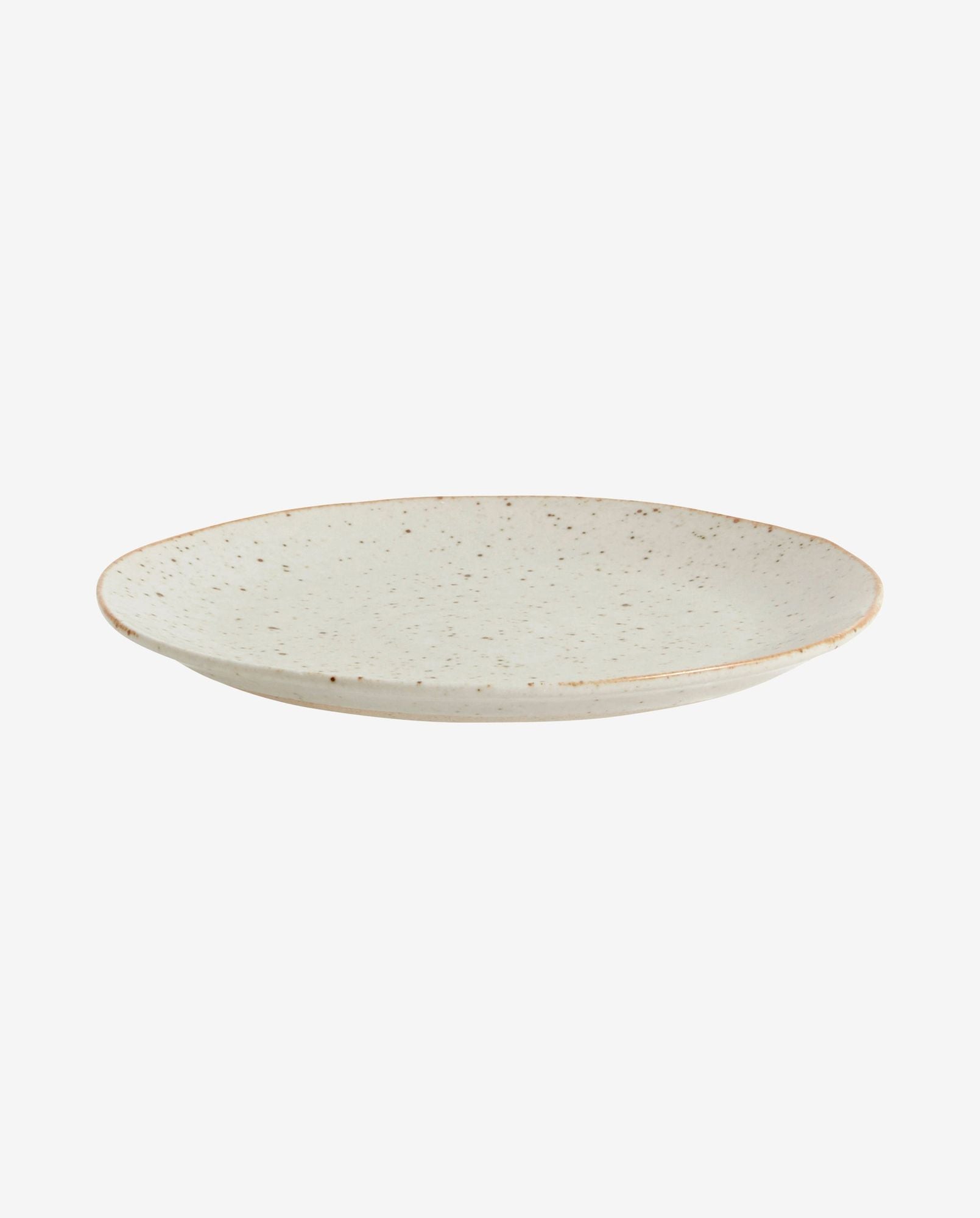 Speckled ceramic shallow plate with light beige glaze and brown rim on white background