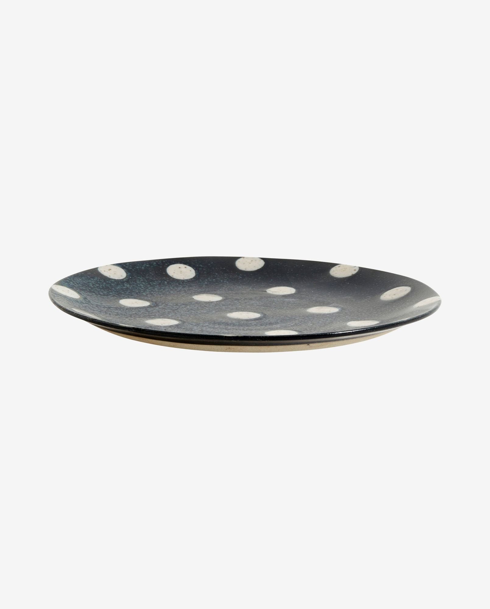 Black ceramic plate with white polka dots on white background