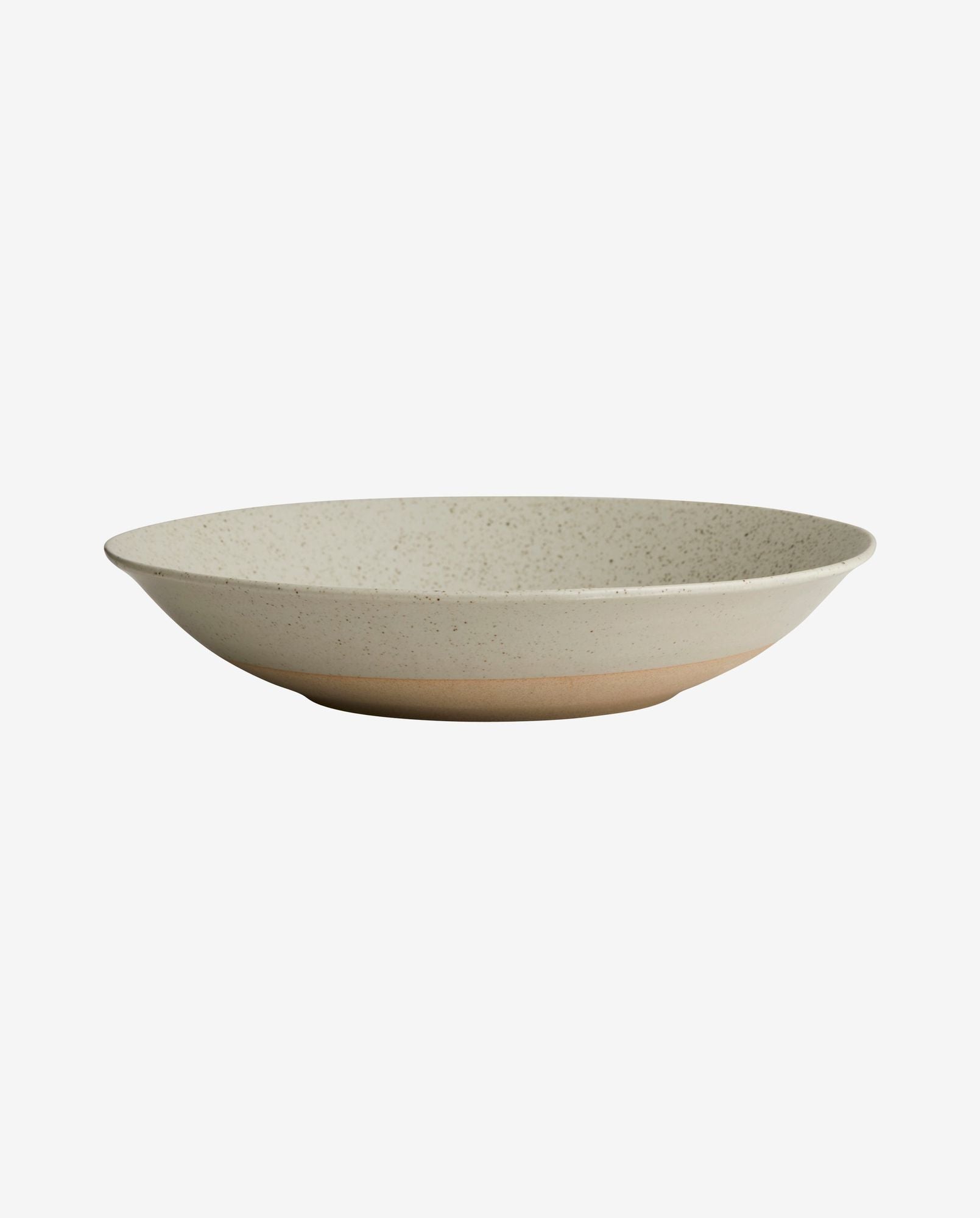 Speckled beige ceramic shallow bowl with natural unglazed base, minimalist design