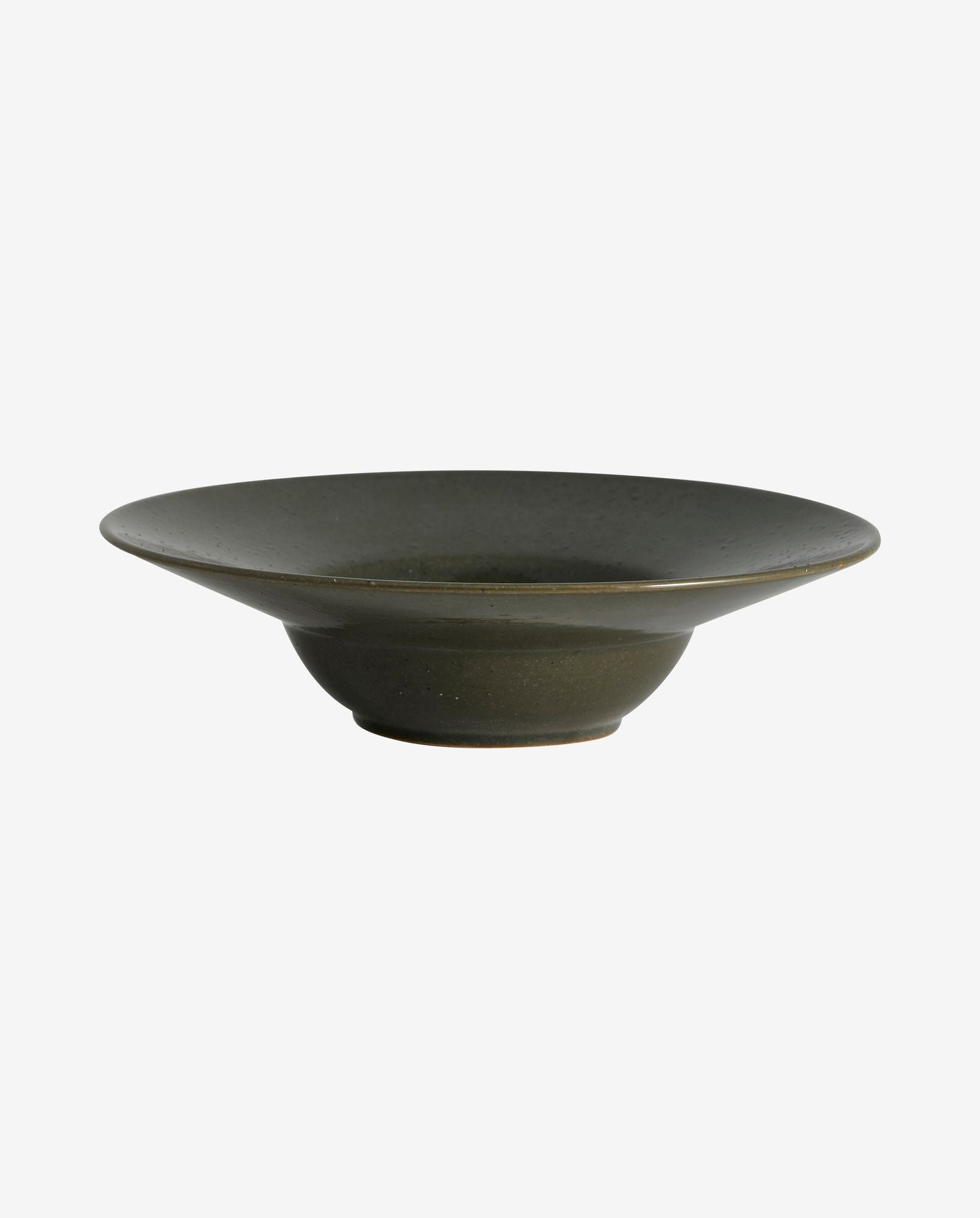 Dark green ceramic shallow bowl with wide rim on white background