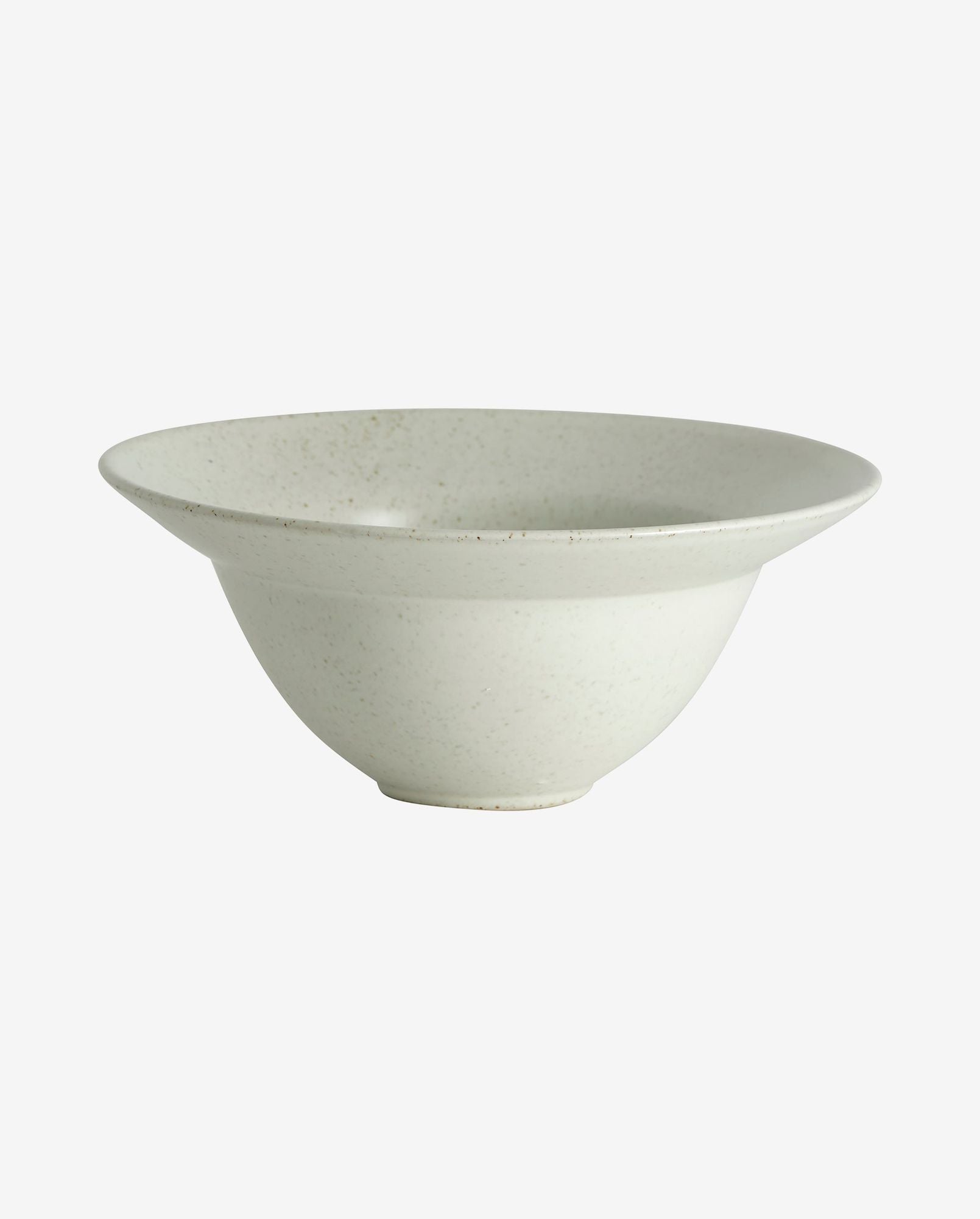 Minimalist white ceramic wide rim bowl with speckled texture on white background