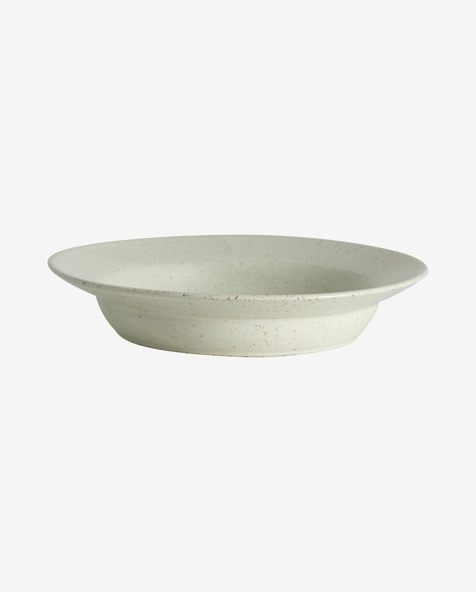 White speckled ceramic shallow bowl with wide rim on plain background