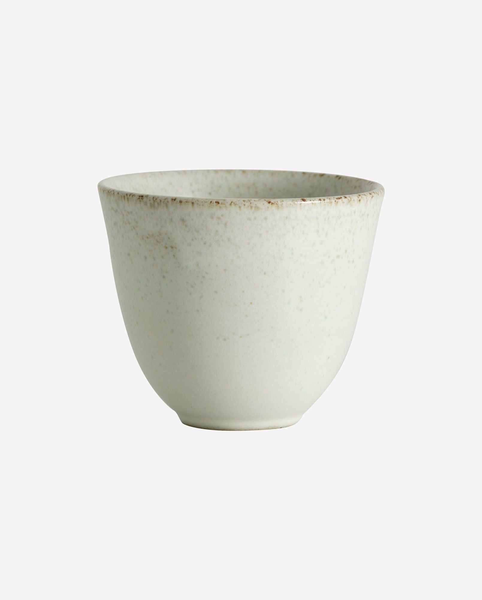 White ceramic cup with speckled brown rim and subtle speckled texture on white background