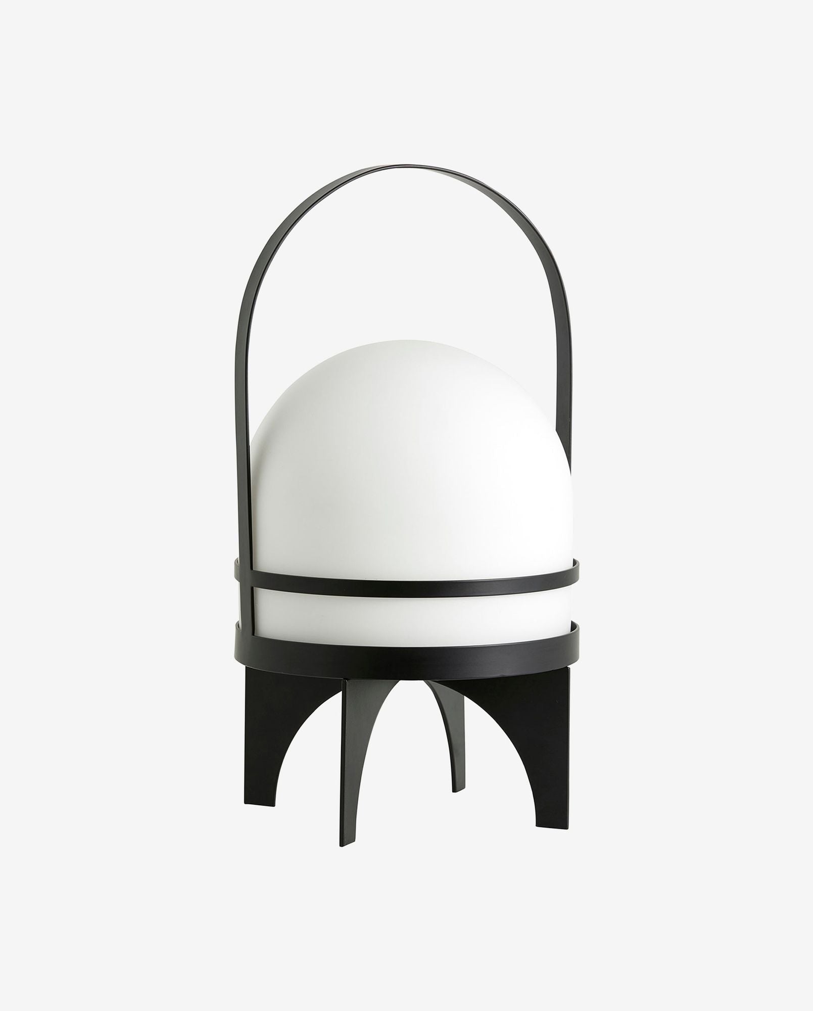 Modern black metal lantern with white spherical glass shade and handle