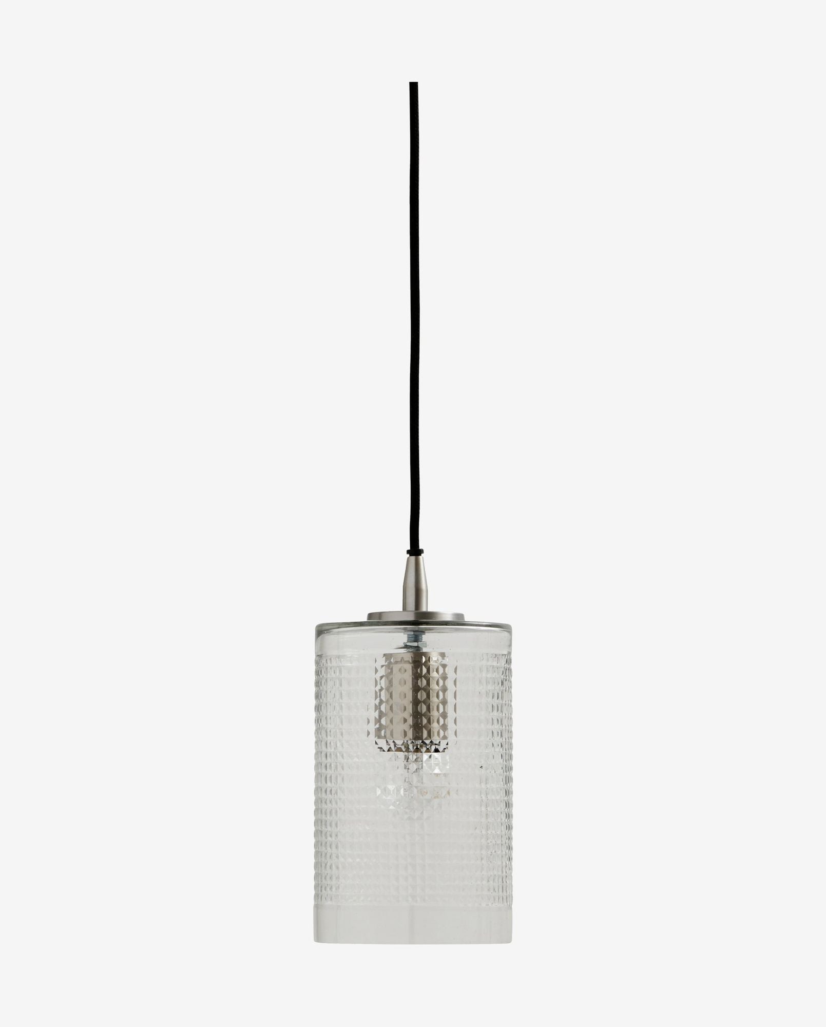 Modern pendant light with textured cylindrical glass shade and black cord
