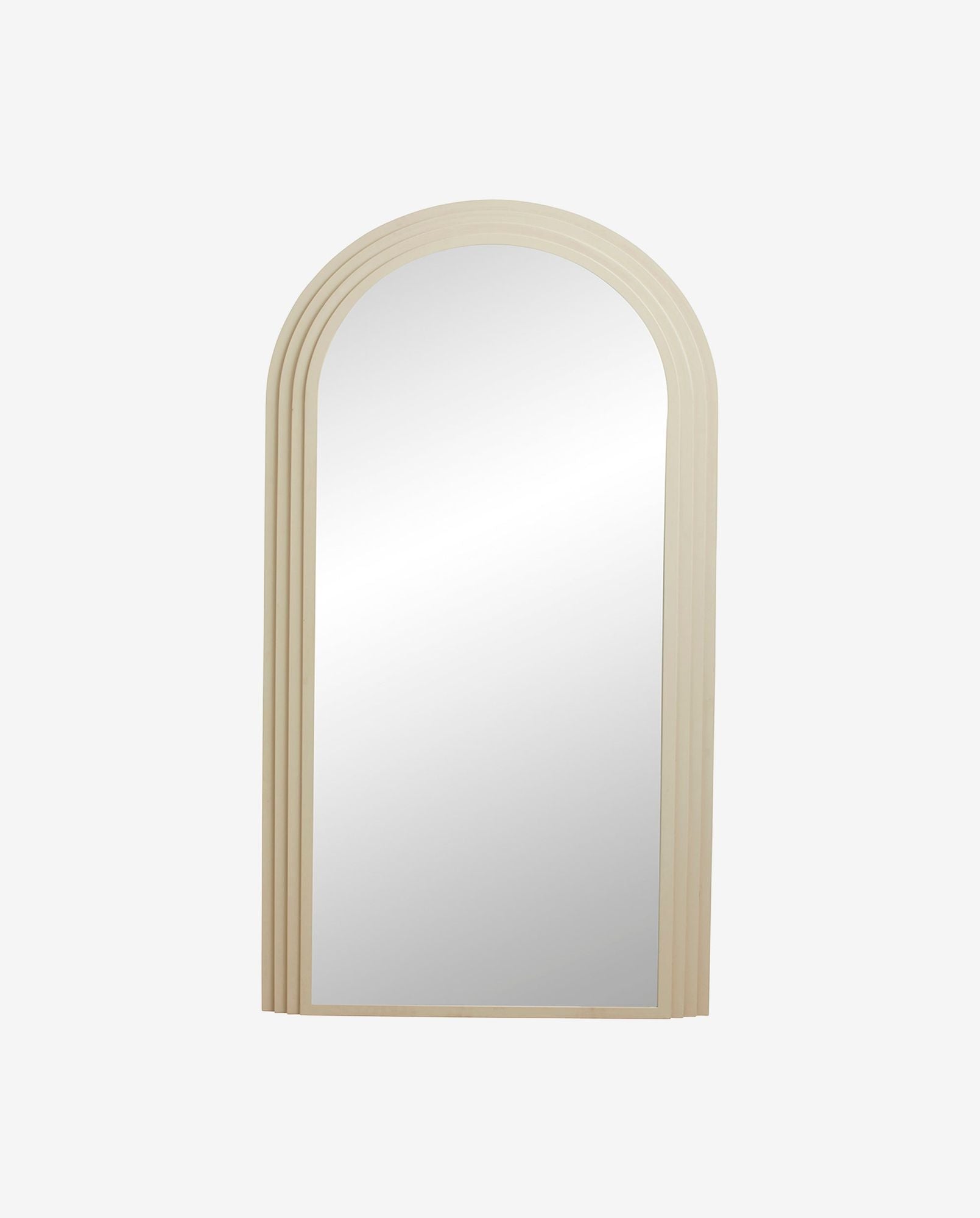 Arched beige frame wall mirror with triple layered border and sleek modern design
