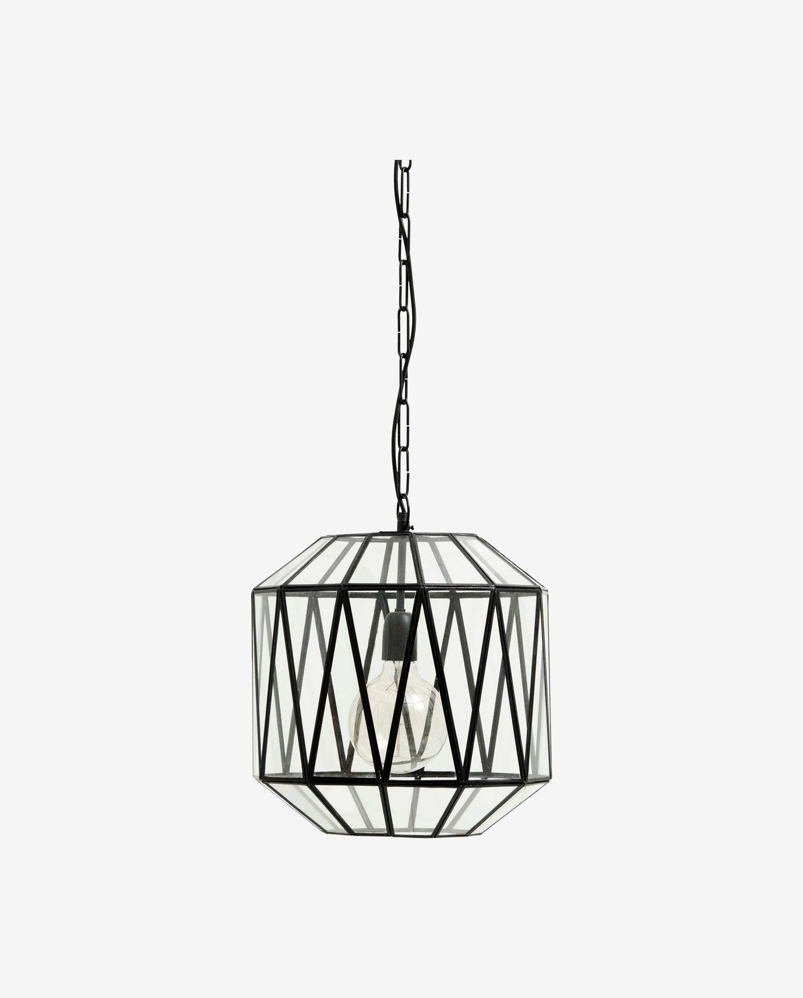 Modern geometric pendant light with black metal frame and exposed bulb hanging by chain