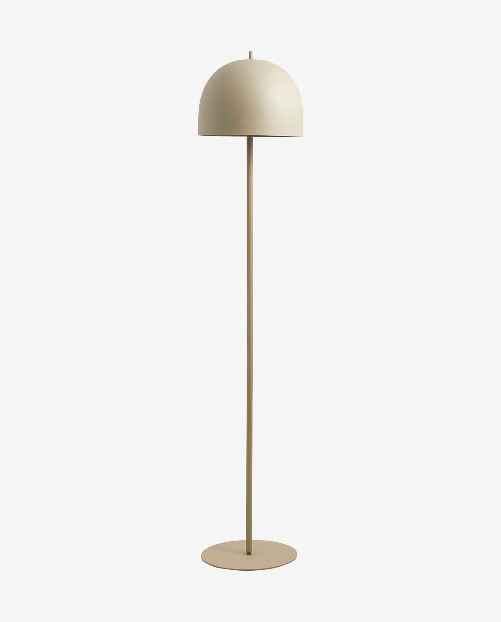 Minimalist beige floor lamp with dome-shaped shade and round base on white background