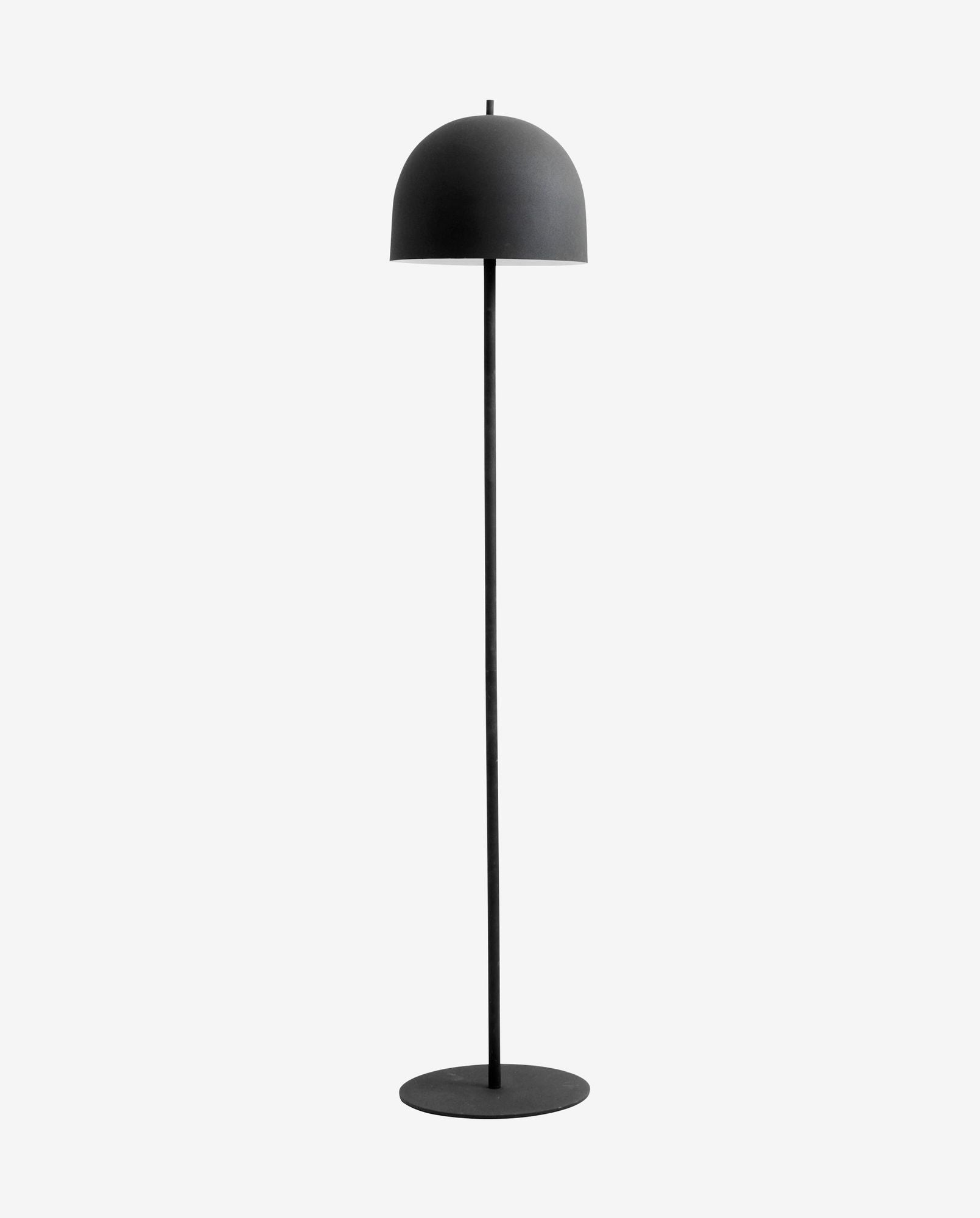 Minimalist black floor lamp with dome-shaped shade and slim stand on round base