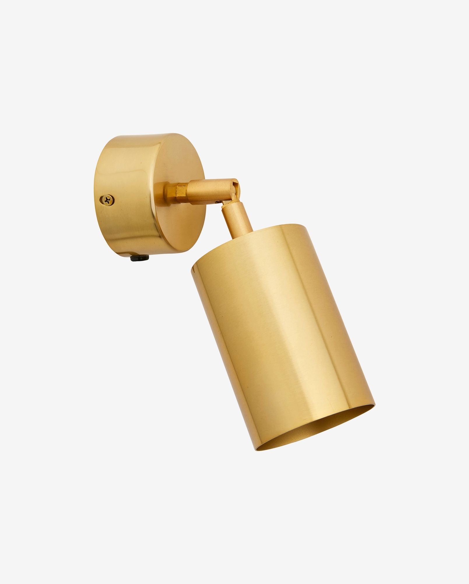 Modern adjustable brass wall sconce light fixture with cylindrical shade on white background