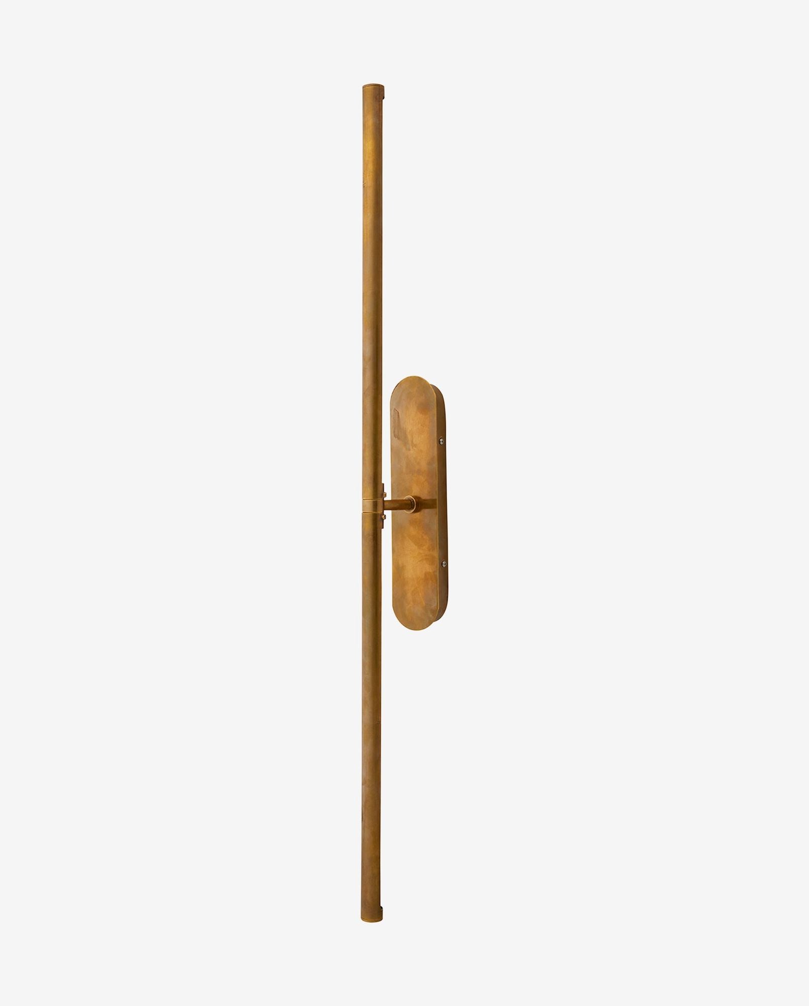Slim vertical rust-colored metal wall sconce with elongated backplate on white background