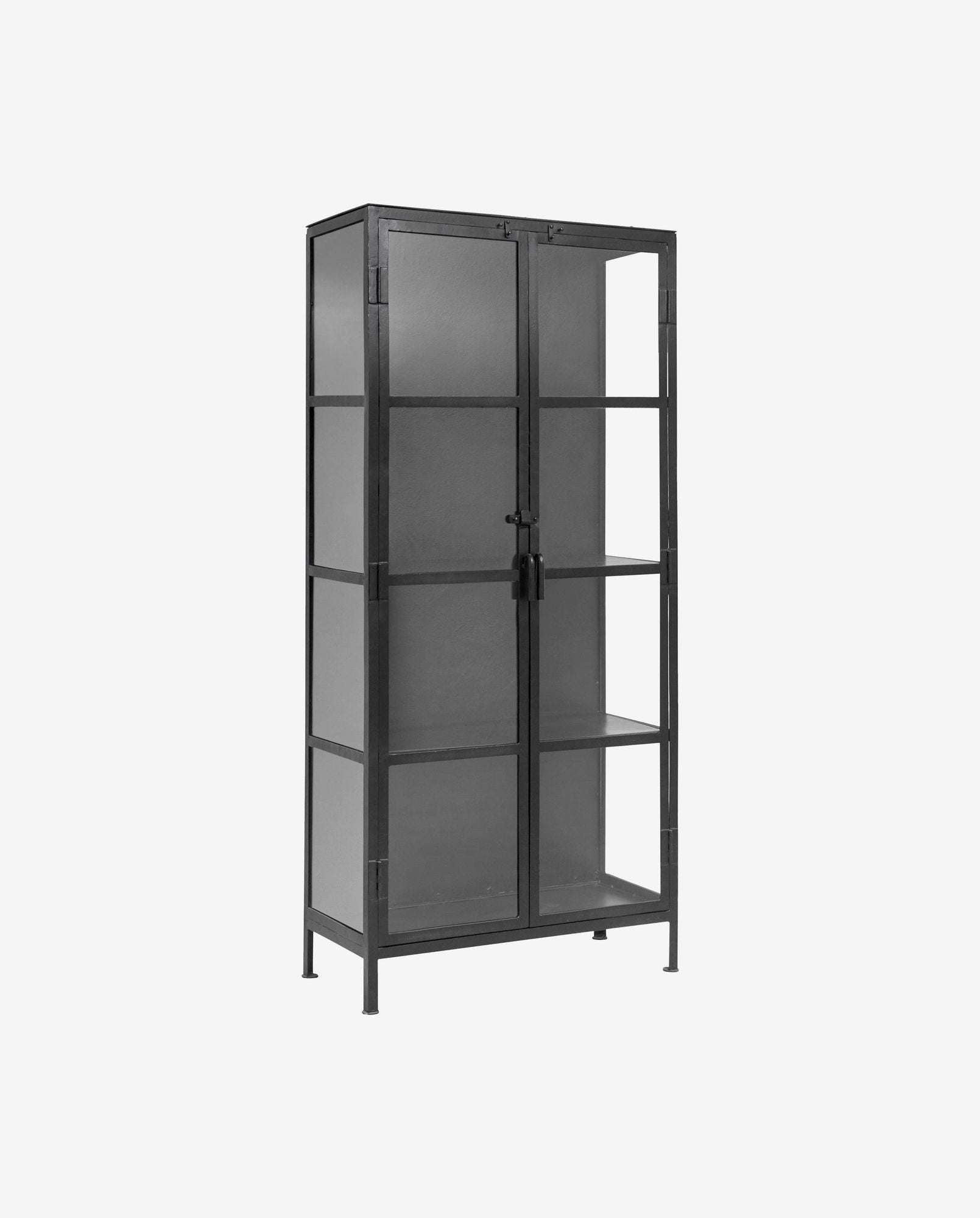 Black metal storage cabinet with glass doors and three internal shelves on white background