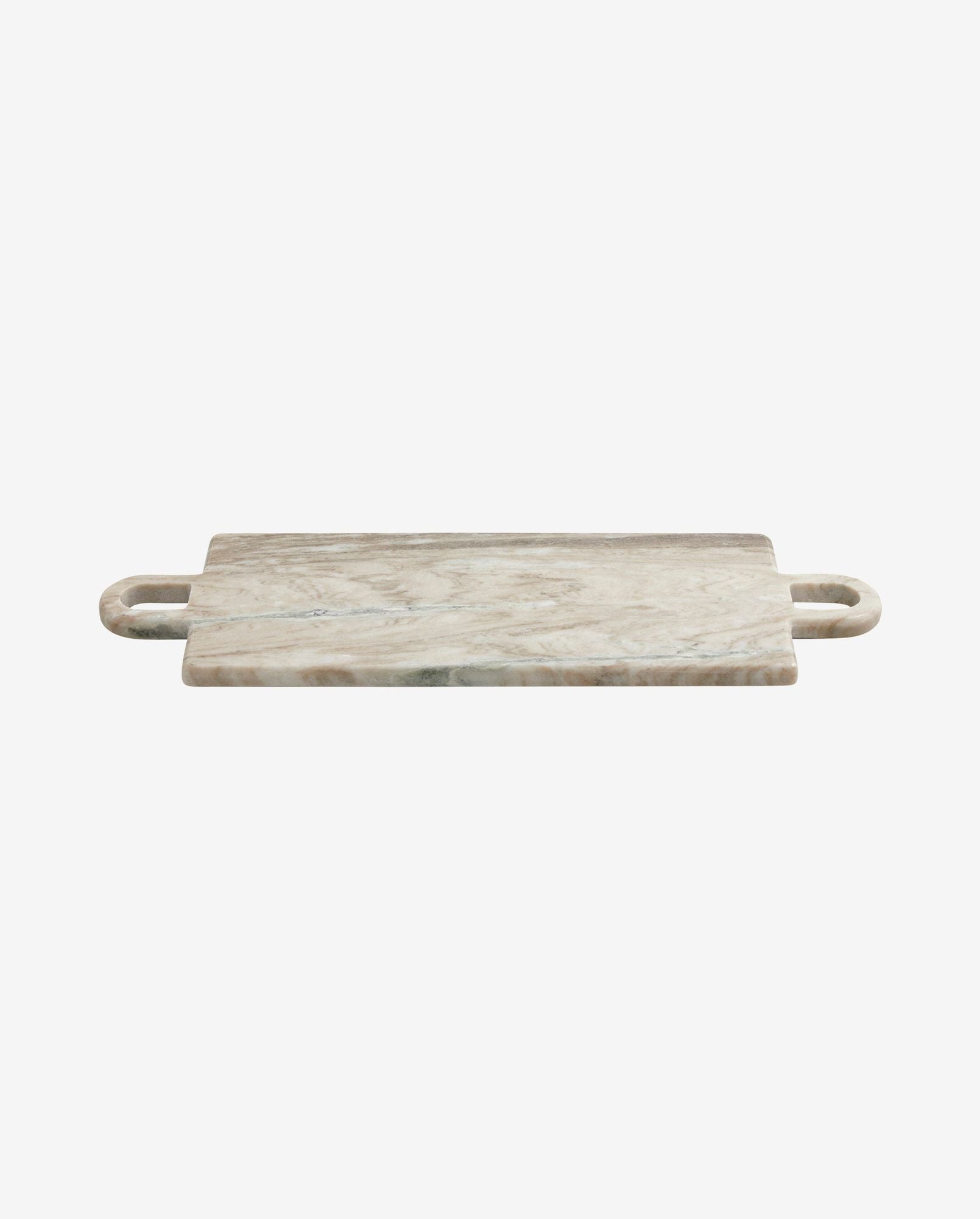 rectangular beige marble cutting board with rounded handles on both ends