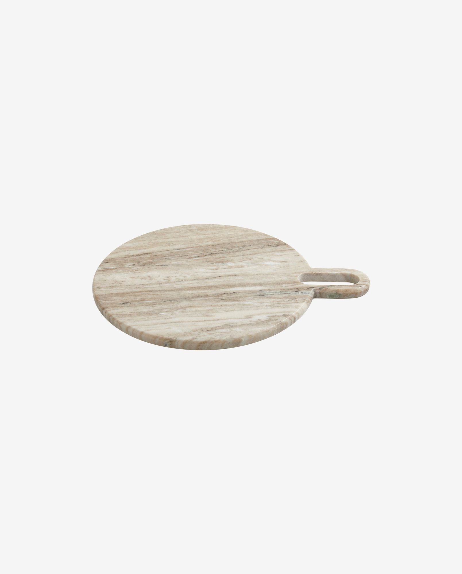 Round marble cutting board with handle on white background