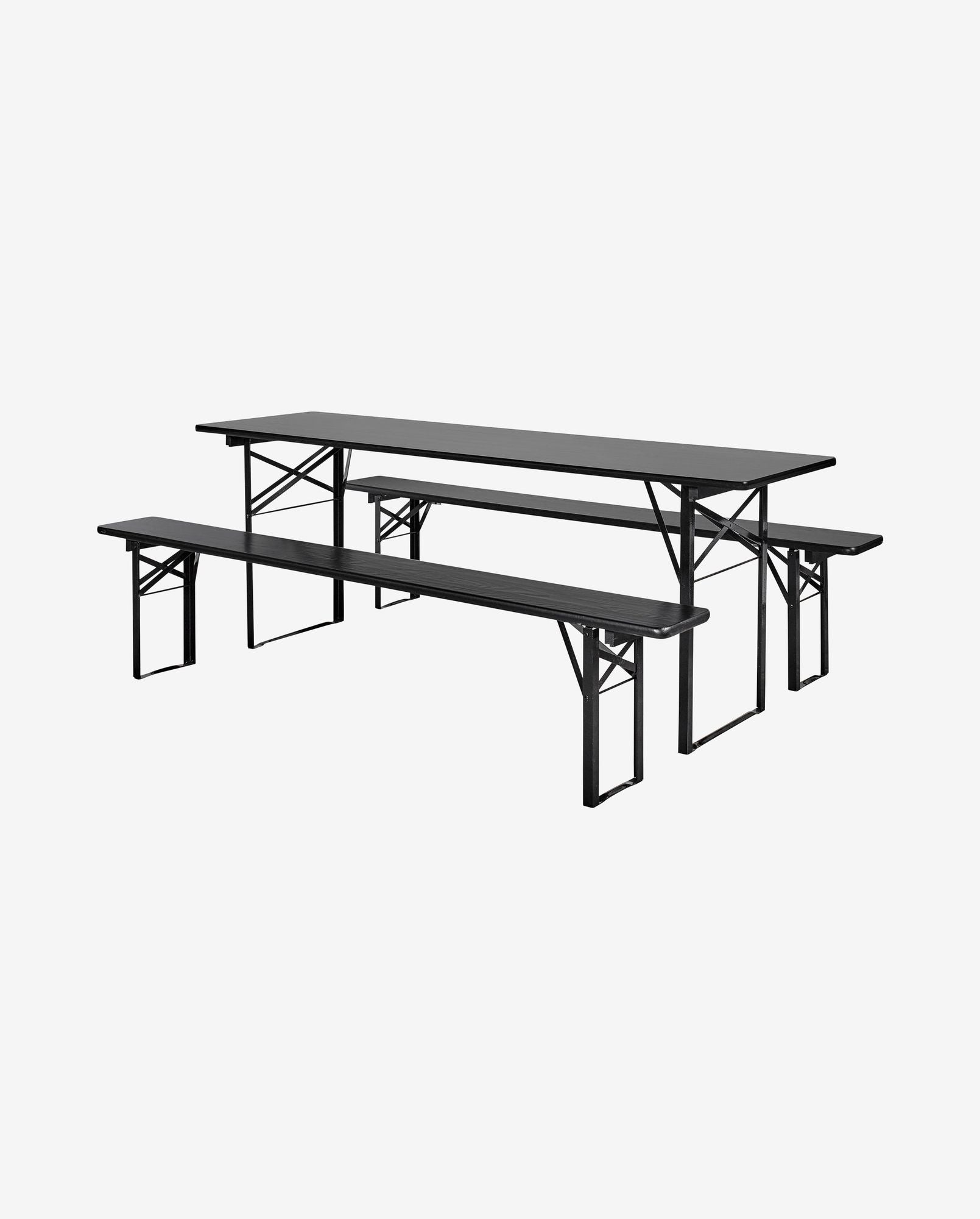 Black folding picnic table with two matching benches on white background