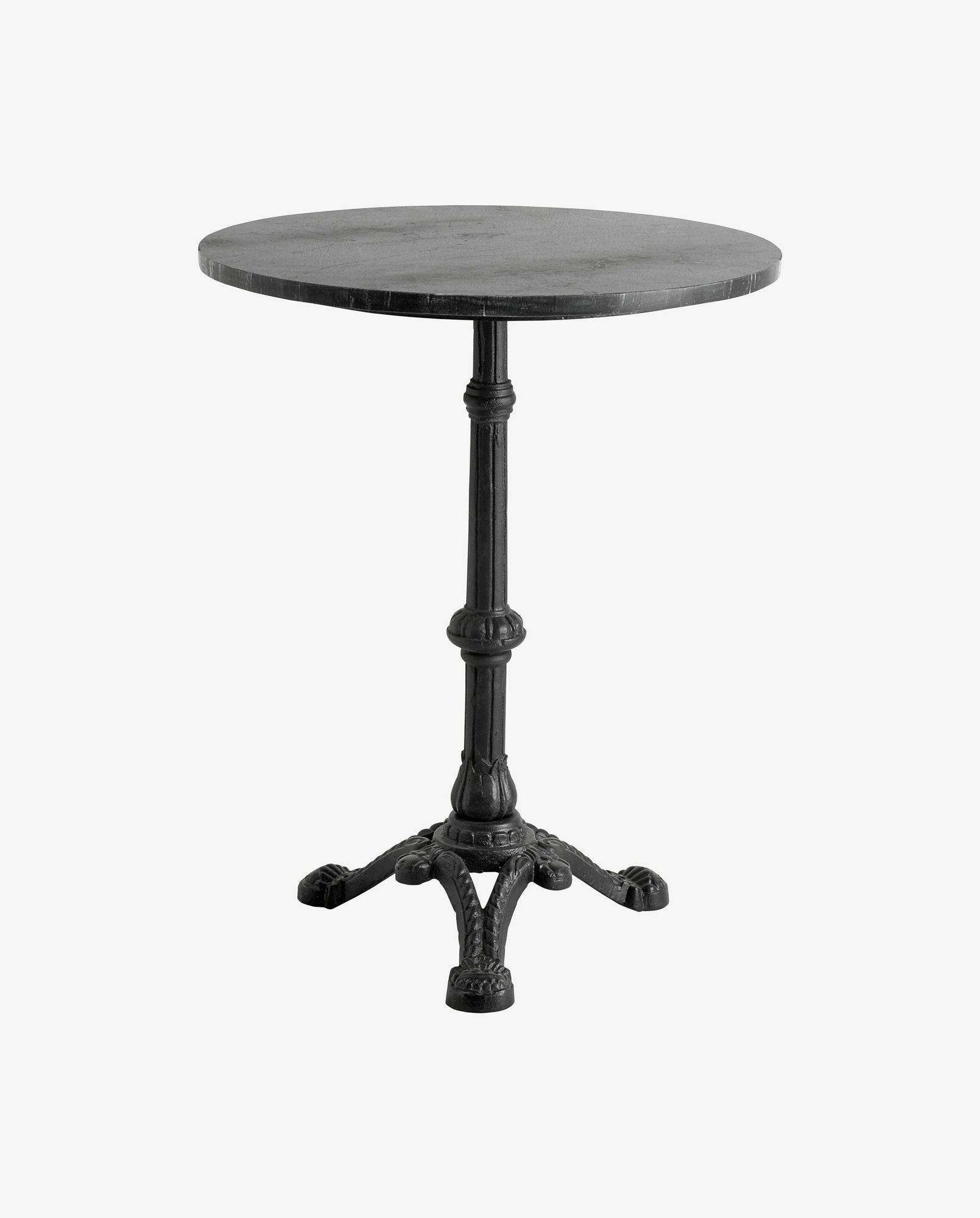 Black round pedestal table with ornate cast iron base and smooth wooden top