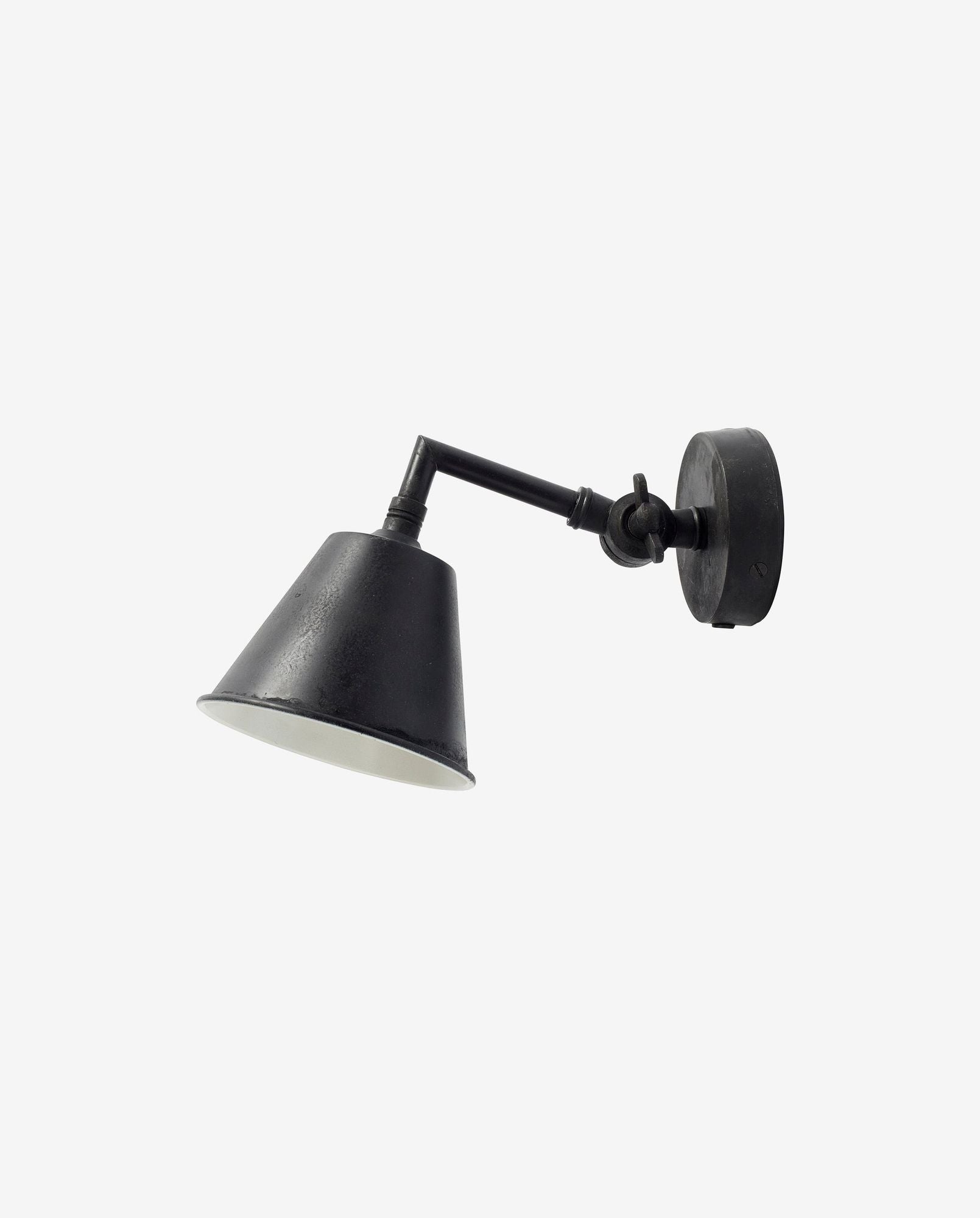 Adjustable black metal wall sconce with conical shade and round mount