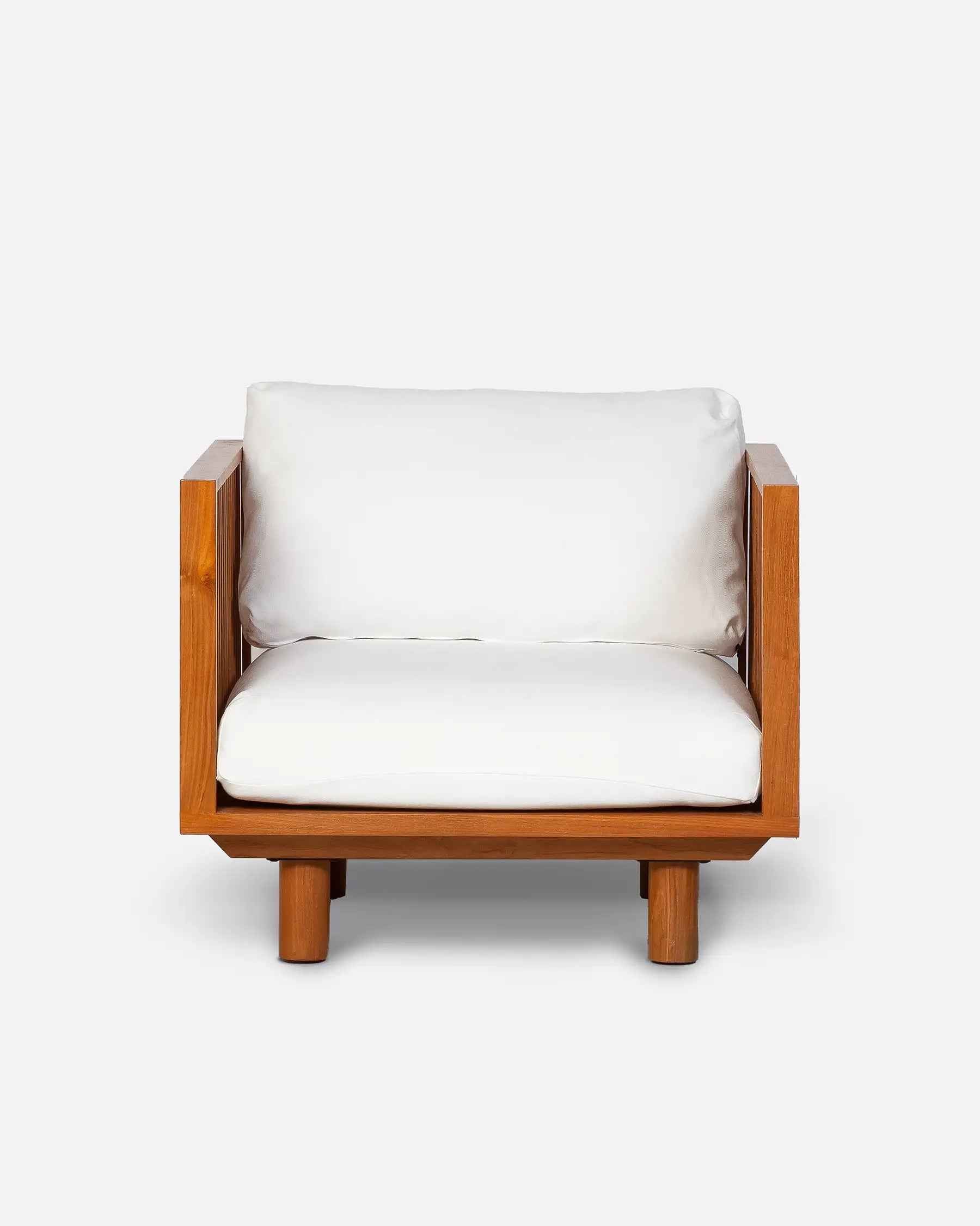 Toprak Teak Wood 1 - Seater Outdoor Sofa in White Upholstery - Bambuá